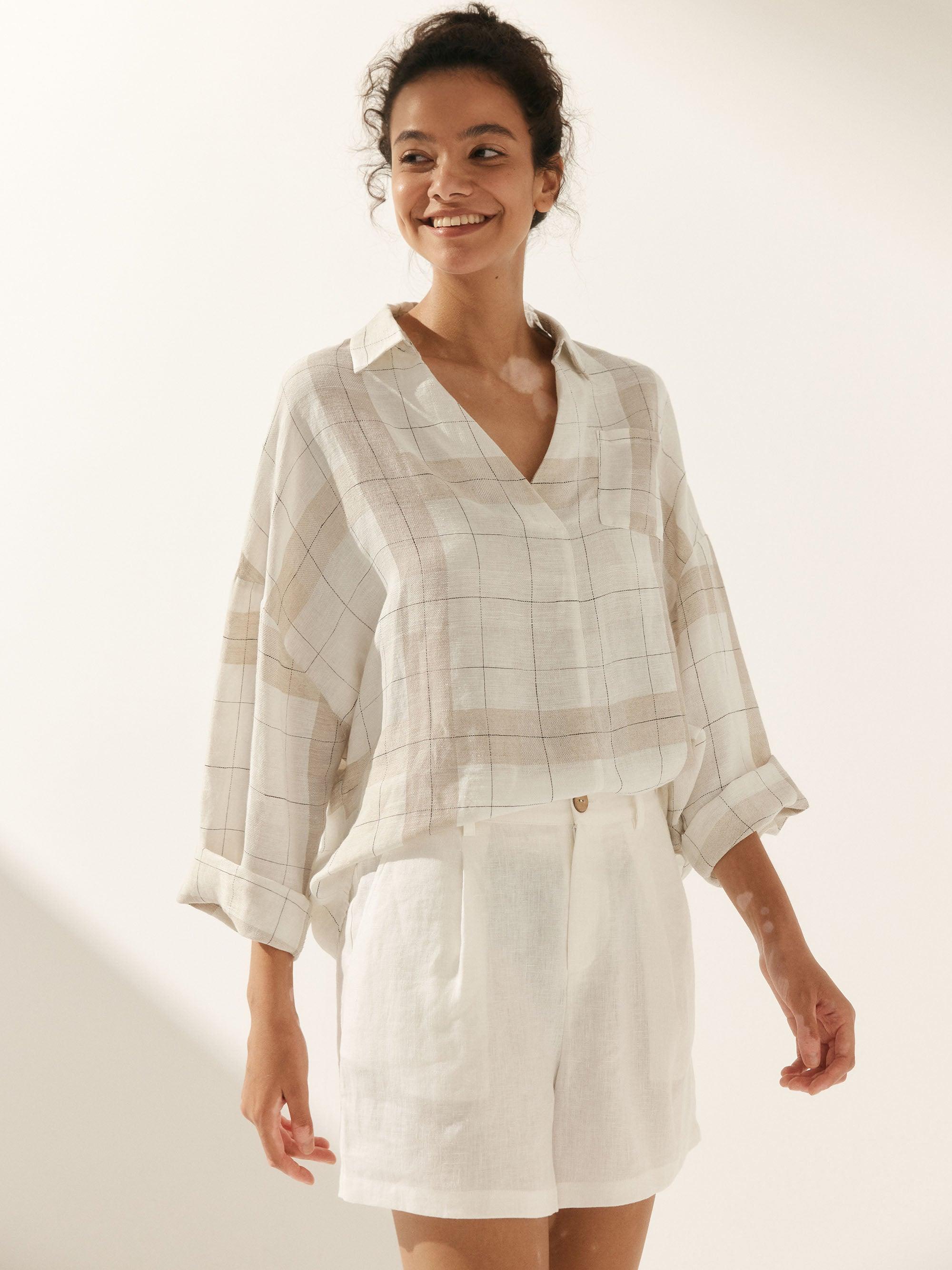 Linen Plaid Oversized Fit Pocket Shirt - TOPS-Linen Blouses
