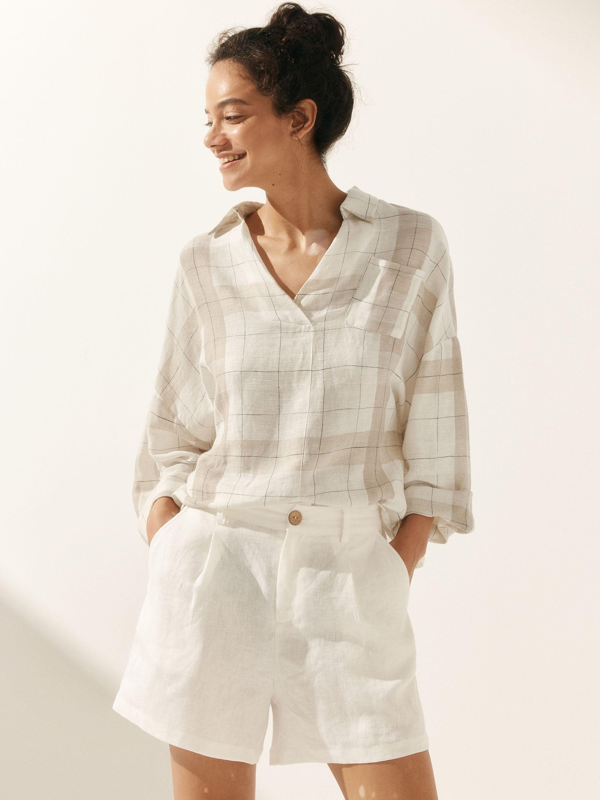 Linen Plaid Oversized Fit Pocket Shirt - TOPS-Linen Blouses