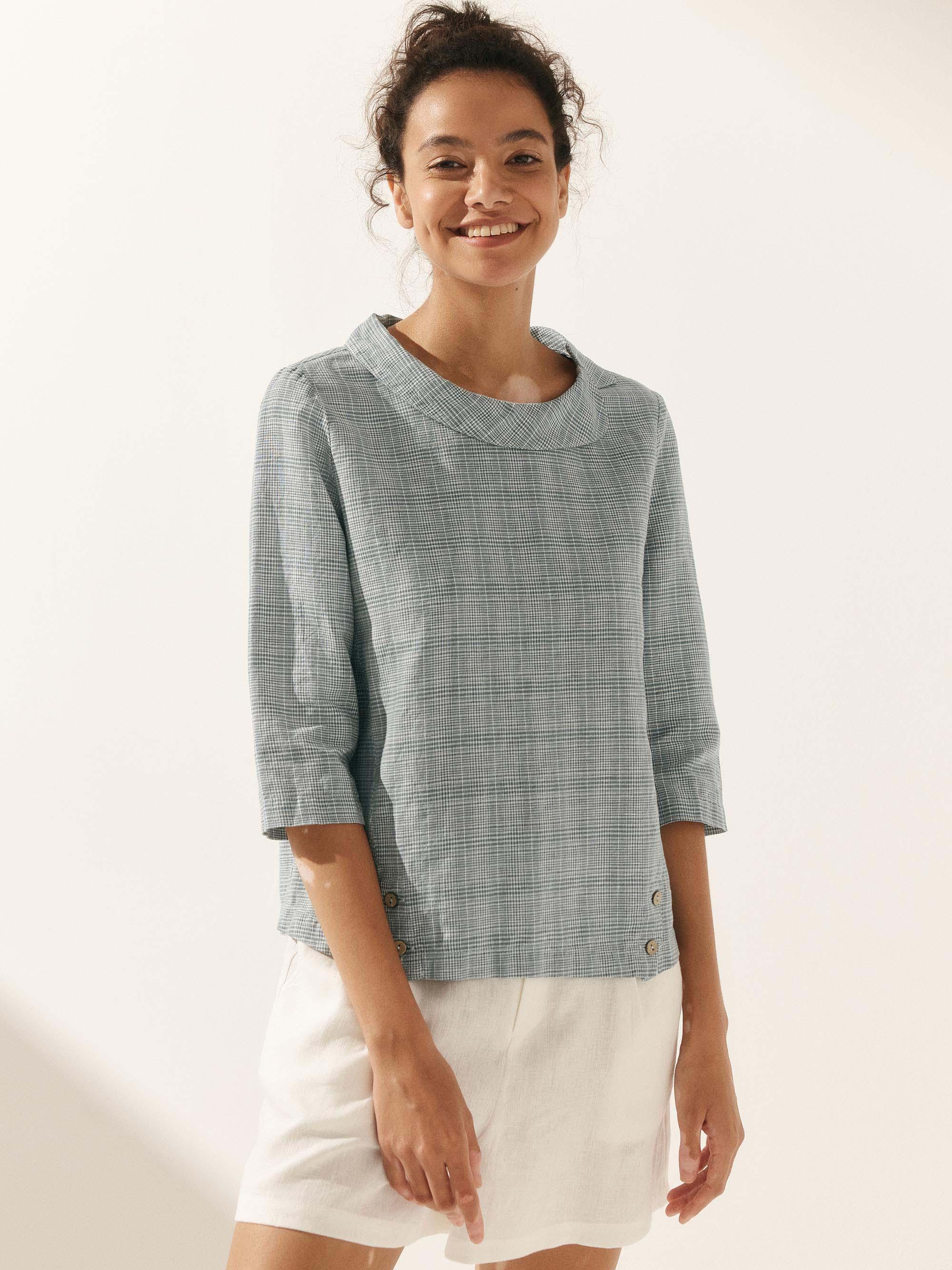 Linen Round Soft-Fold Collar Top ANAIS - TOPS-Linen Blouses