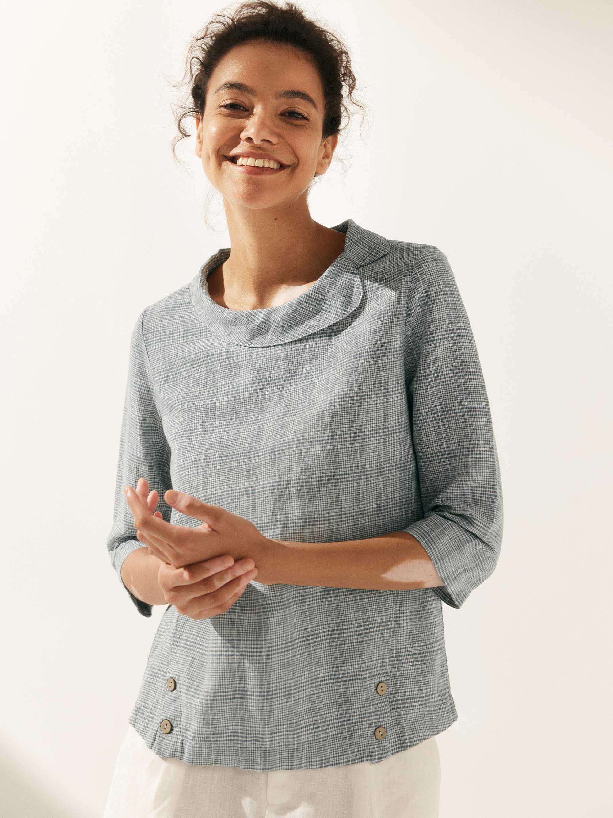 Linen Round Soft-Fold Collar Top ANAIS - Fog Grey Plaid / S - TOPS-Linen Blouses