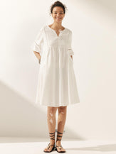 Linen Hollow Lace Stitching Dress - DRESSES-Linen Midi