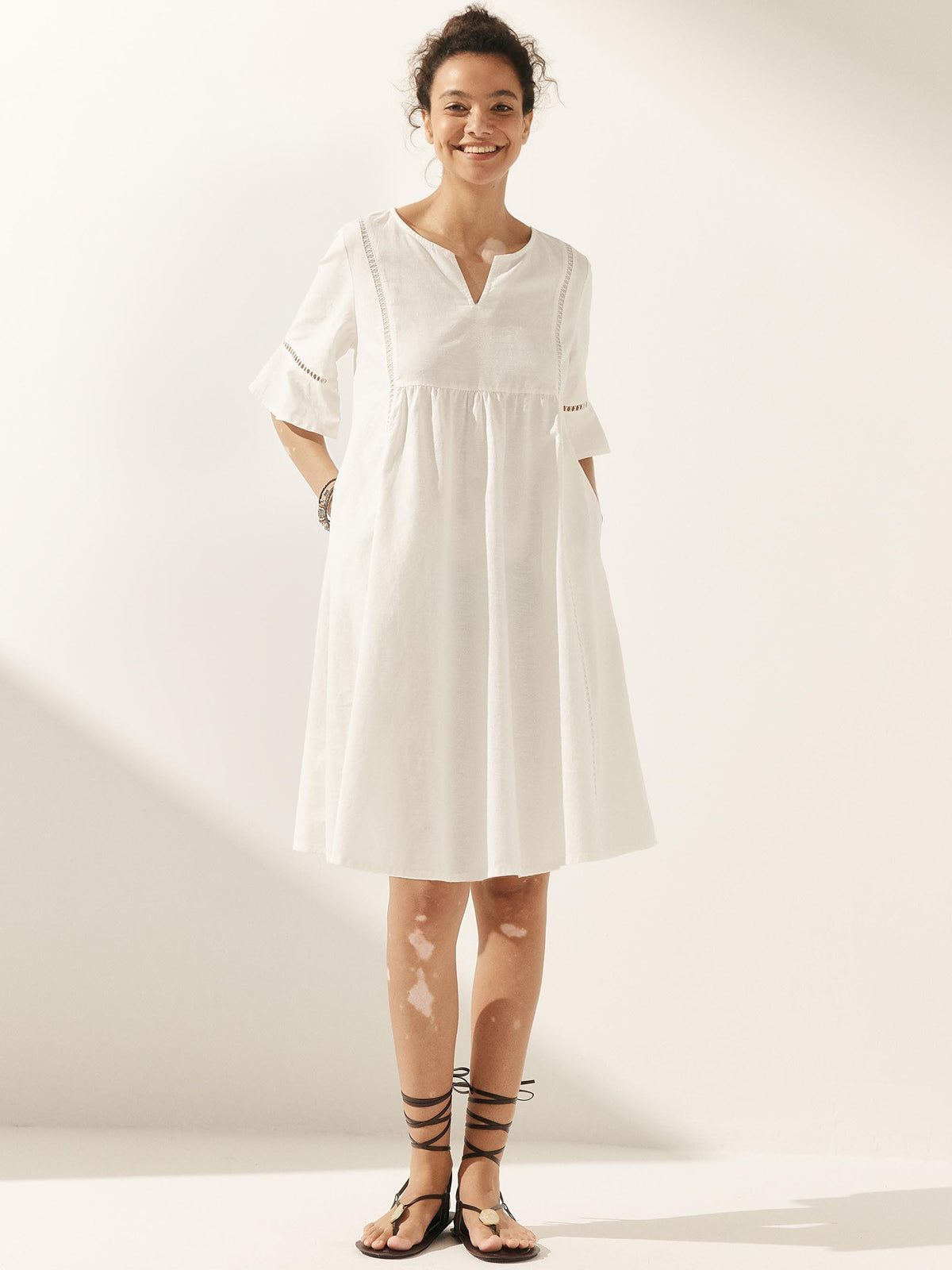 Linen Hollow Lace Stitching Dress - DRESSES-Linen Midi
