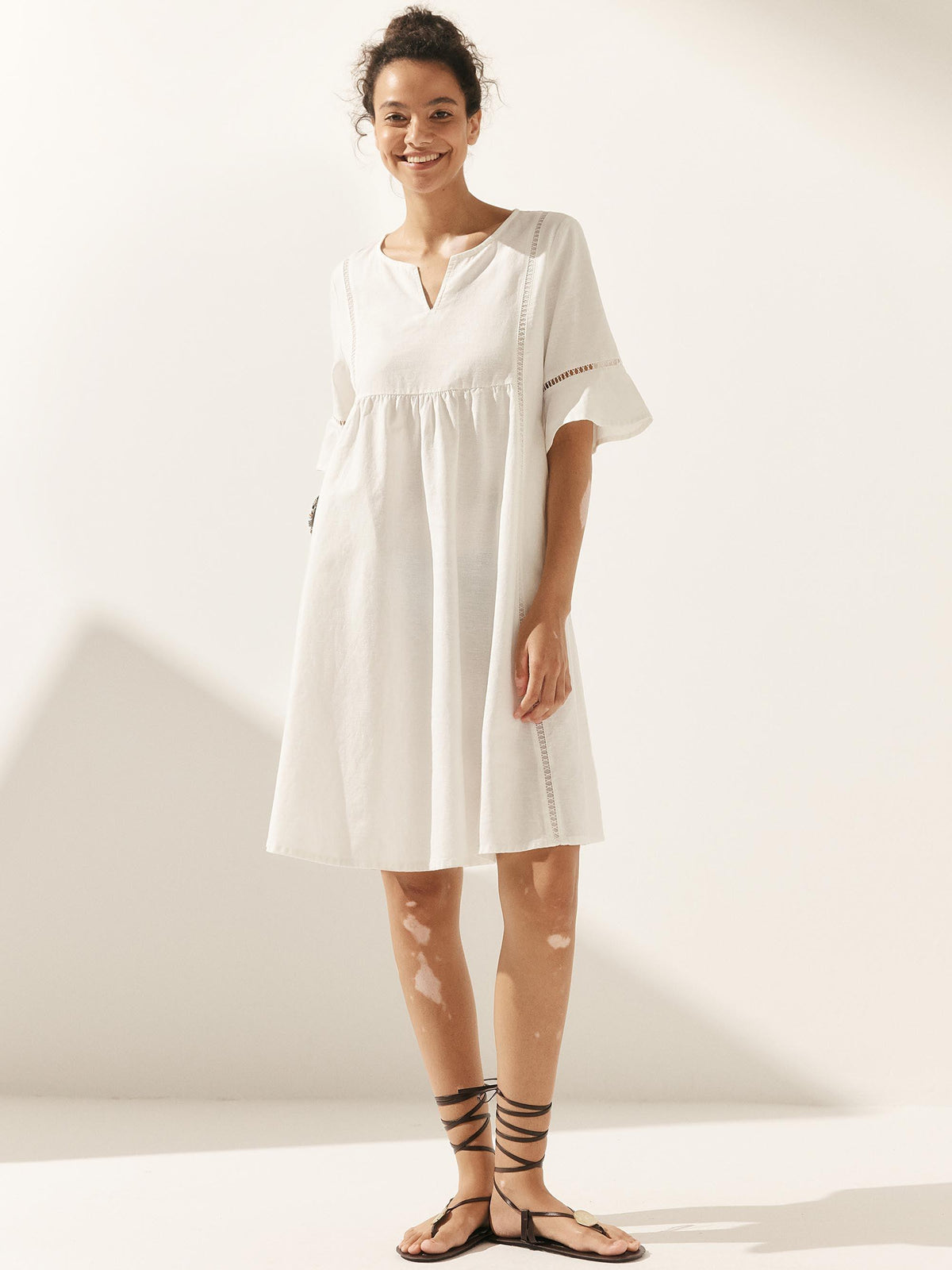 Linen Hollow Lace Stitching Dress - DRESSES-Linen Midi