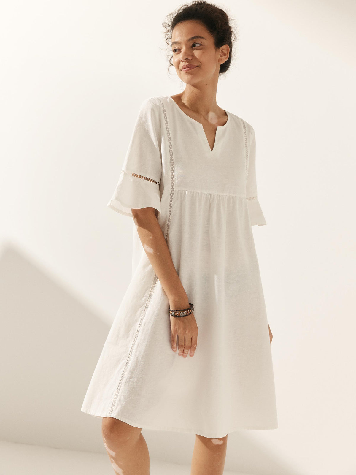 Linen Hollow Lace Stitching Dress - DRESSES-Linen Midi