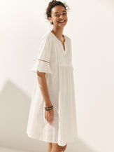 Linen Hollow Lace Stitching Dress - DRESSES-Linen Midi