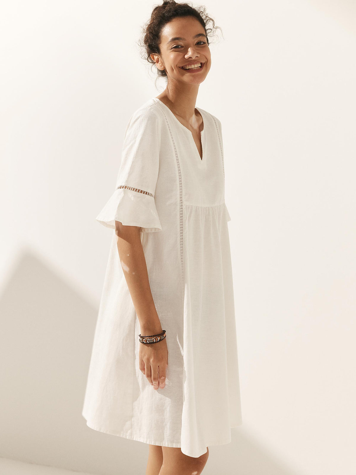 Linen Hollow Lace Stitching Dress - DRESSES-Linen Midi