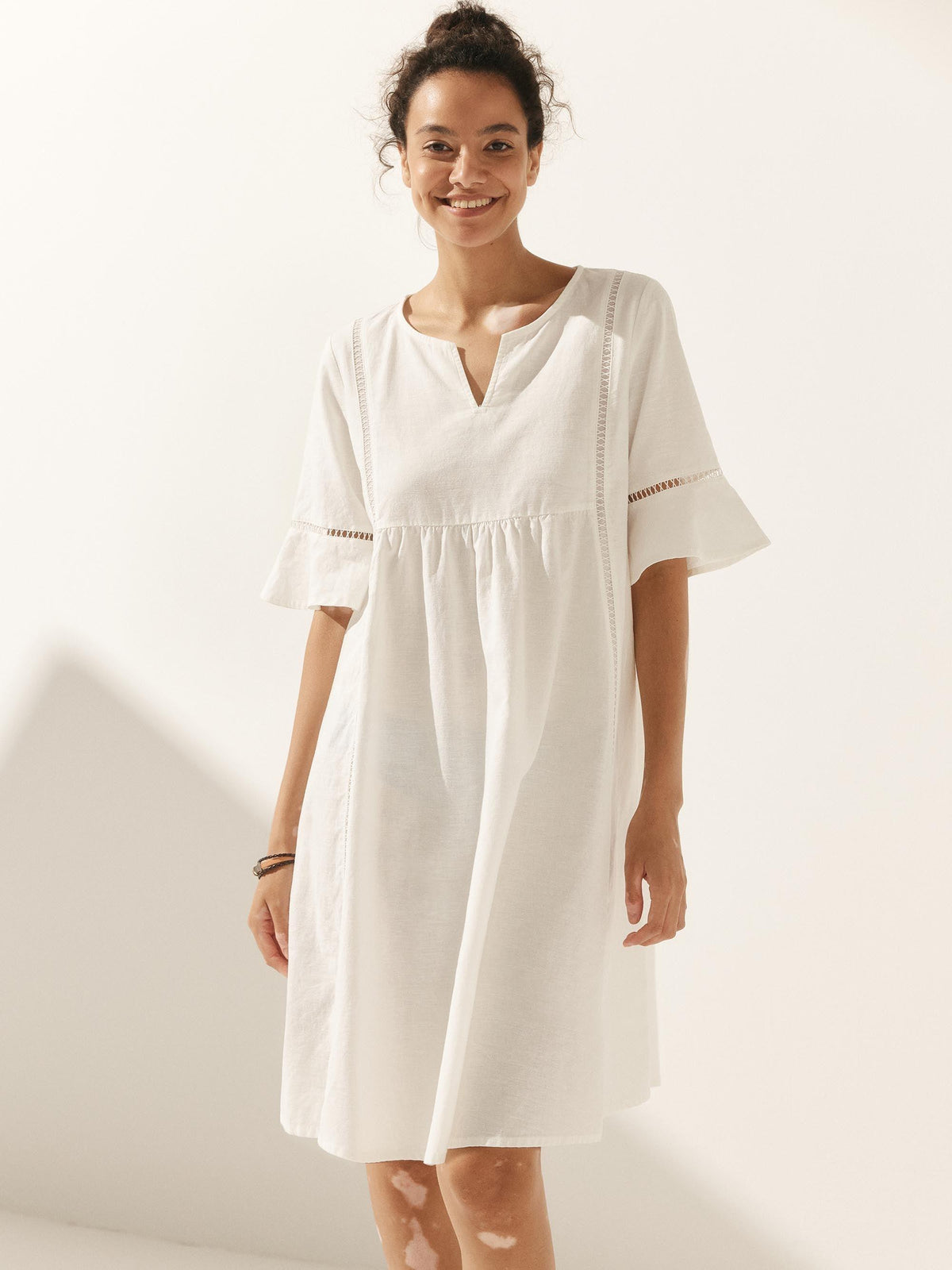 Linen Hollow Lace Stitching Dress - Optic White / S - DRESSES-Linen Midi