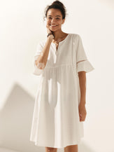 Linen Hollow Lace Stitching Dress - DRESSES-Linen Midi