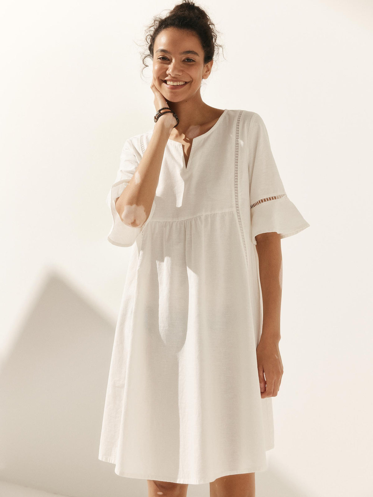 Linen Hollow Lace Stitching Dress - DRESSES-Linen Midi