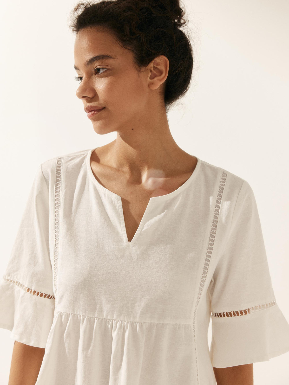 Linen Hollow Lace Stitching Dress - DRESSES-Linen Midi