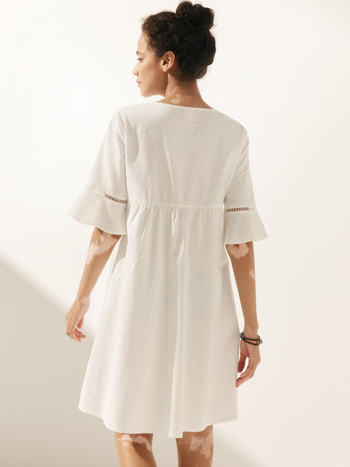 Linen Hollow Lace Stitching Dress - DRESSES-Linen Midi