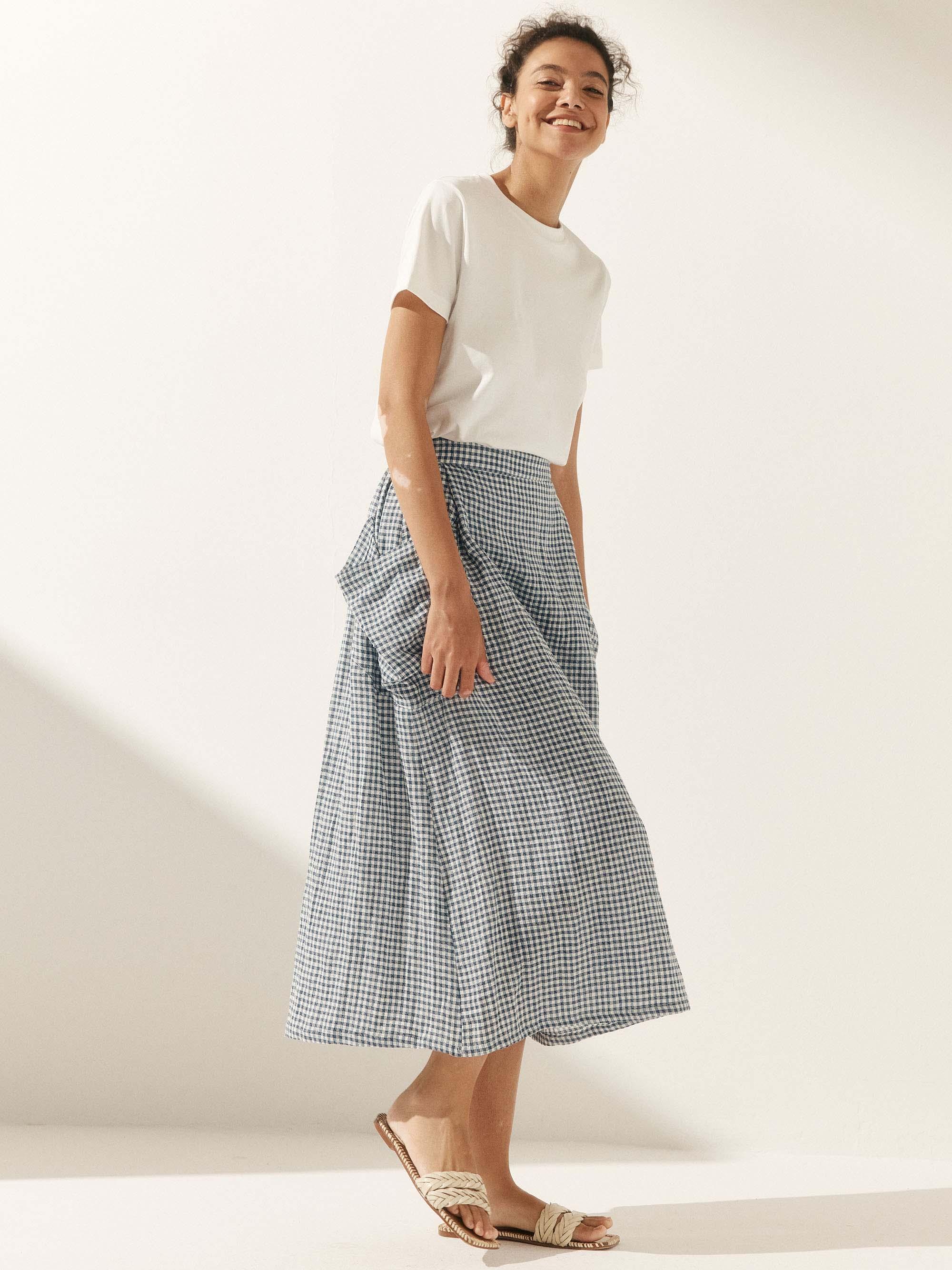 Linen Checked Elastic Waist Skirt - bottoms