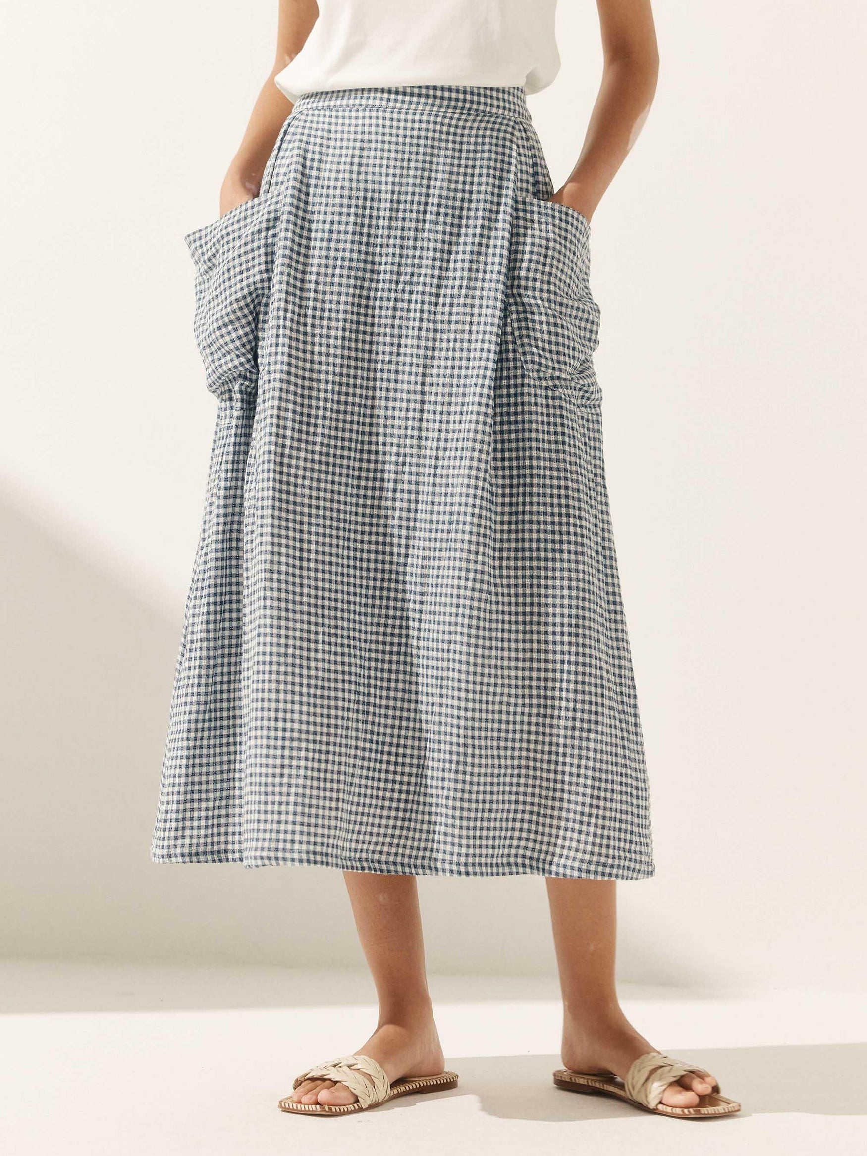 Linen-Cotton Elastic Waist Skirt MARINA - Ocean Cream / S - BOTTOMS-Linen Skirts