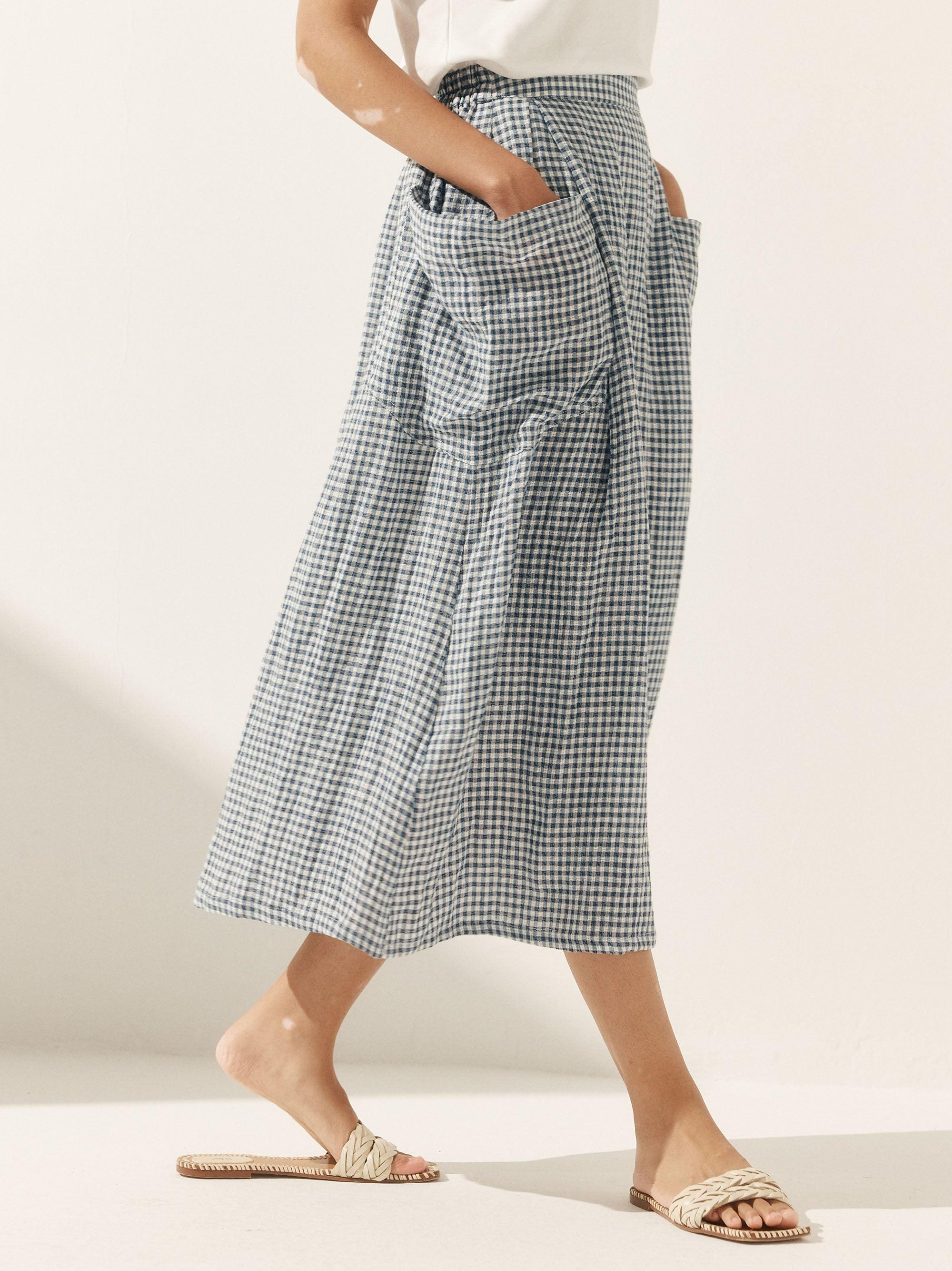 【関税＆送料込み】ChloAC Multicolor Linen Skirt Elastic Waist Chiffon Plus Size Blue Floral Swing Maxi Skirt