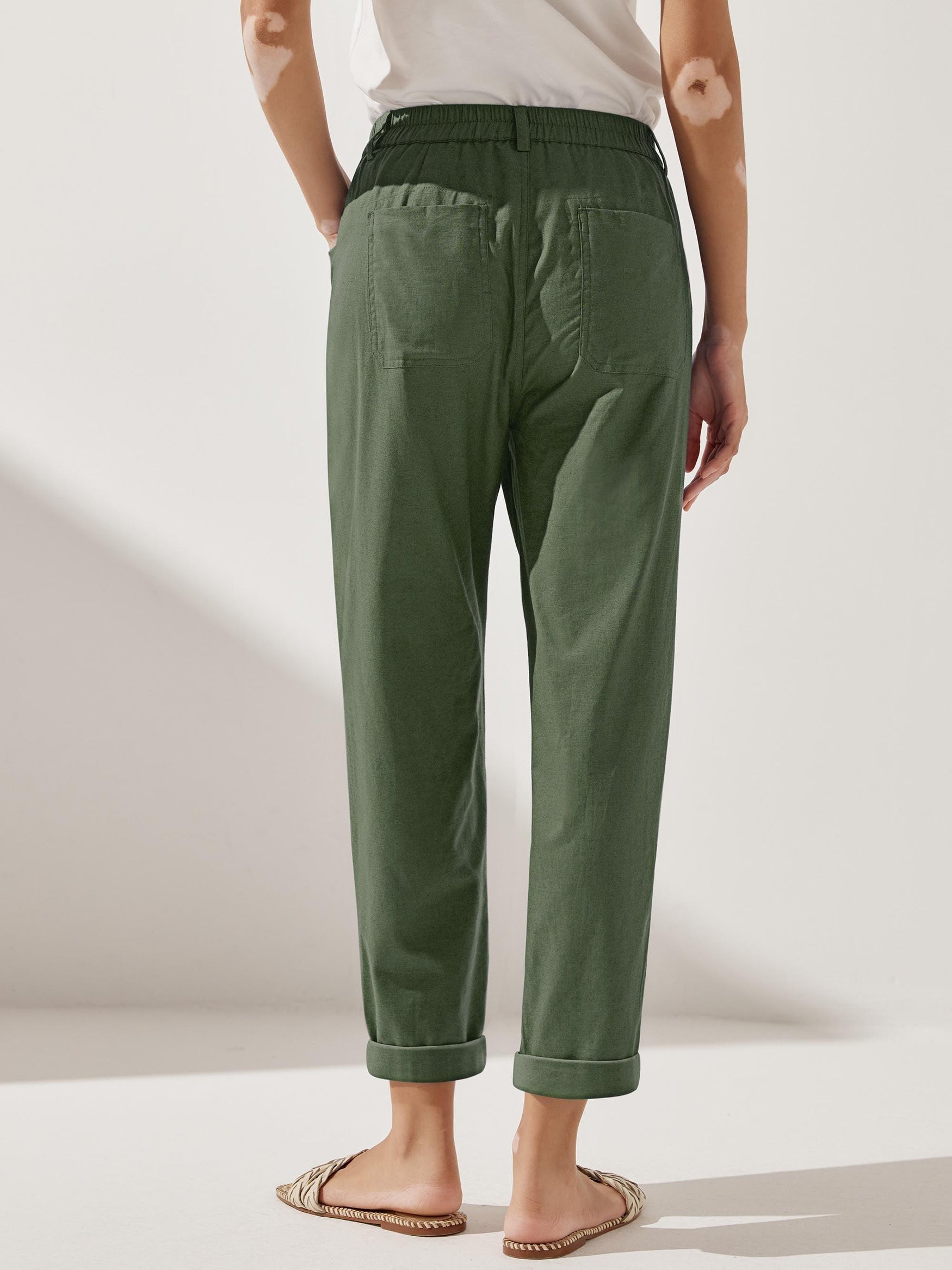 Linen Simple Checked Button Fly Trousers - BOTTOMS-Linen Pants