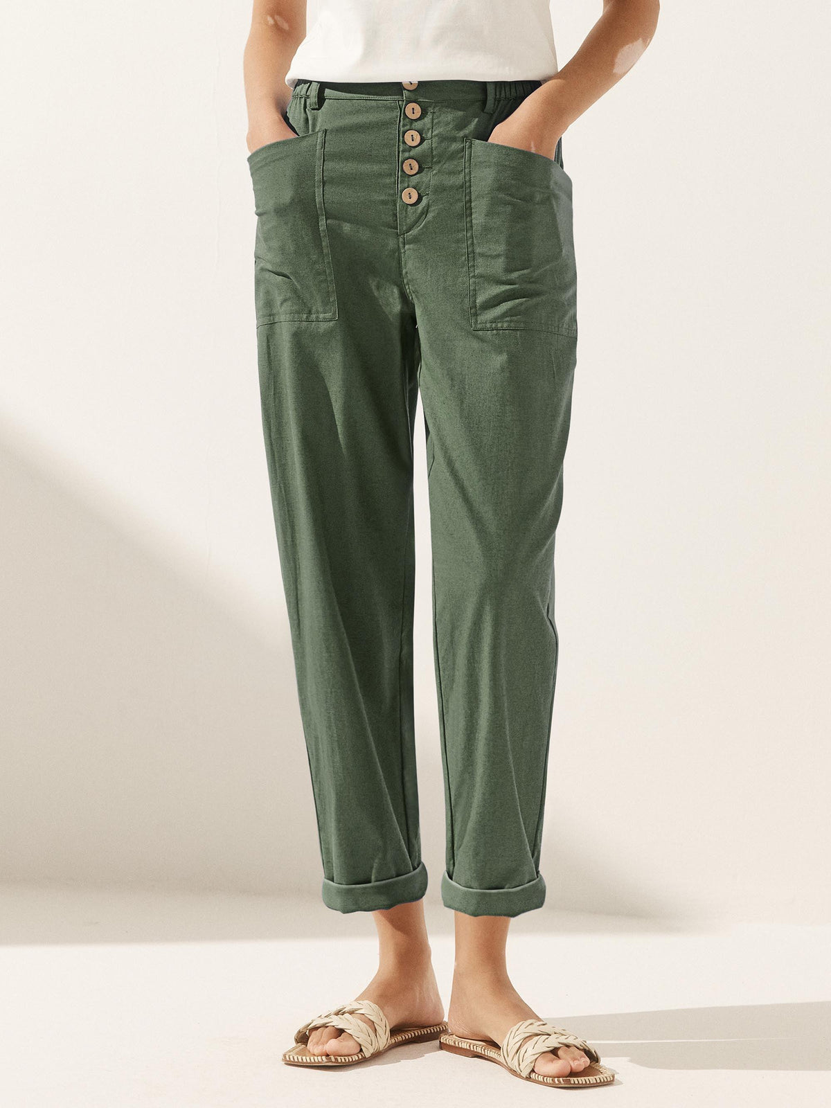 HEIDI linen-cotton button fly trousers styled outdoors