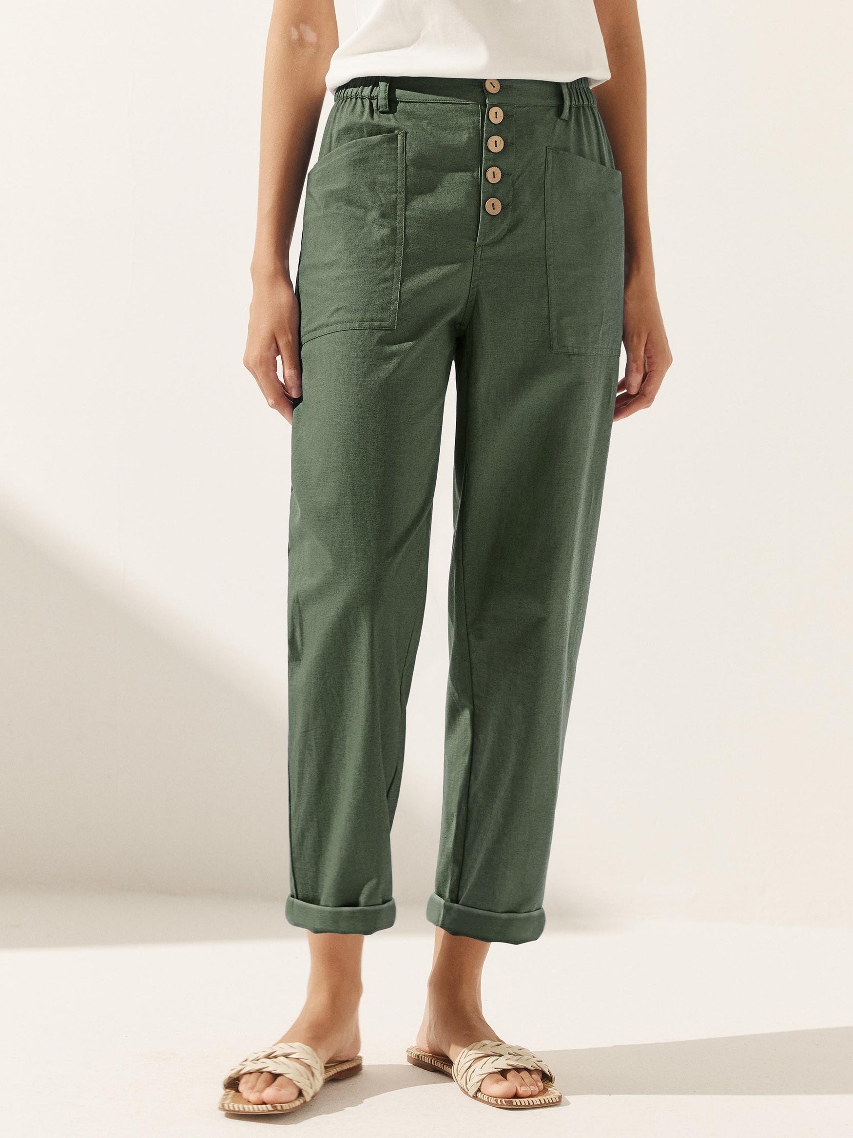 Linen Simple Button Fly Trousers HEIDI by LINTICO for women
