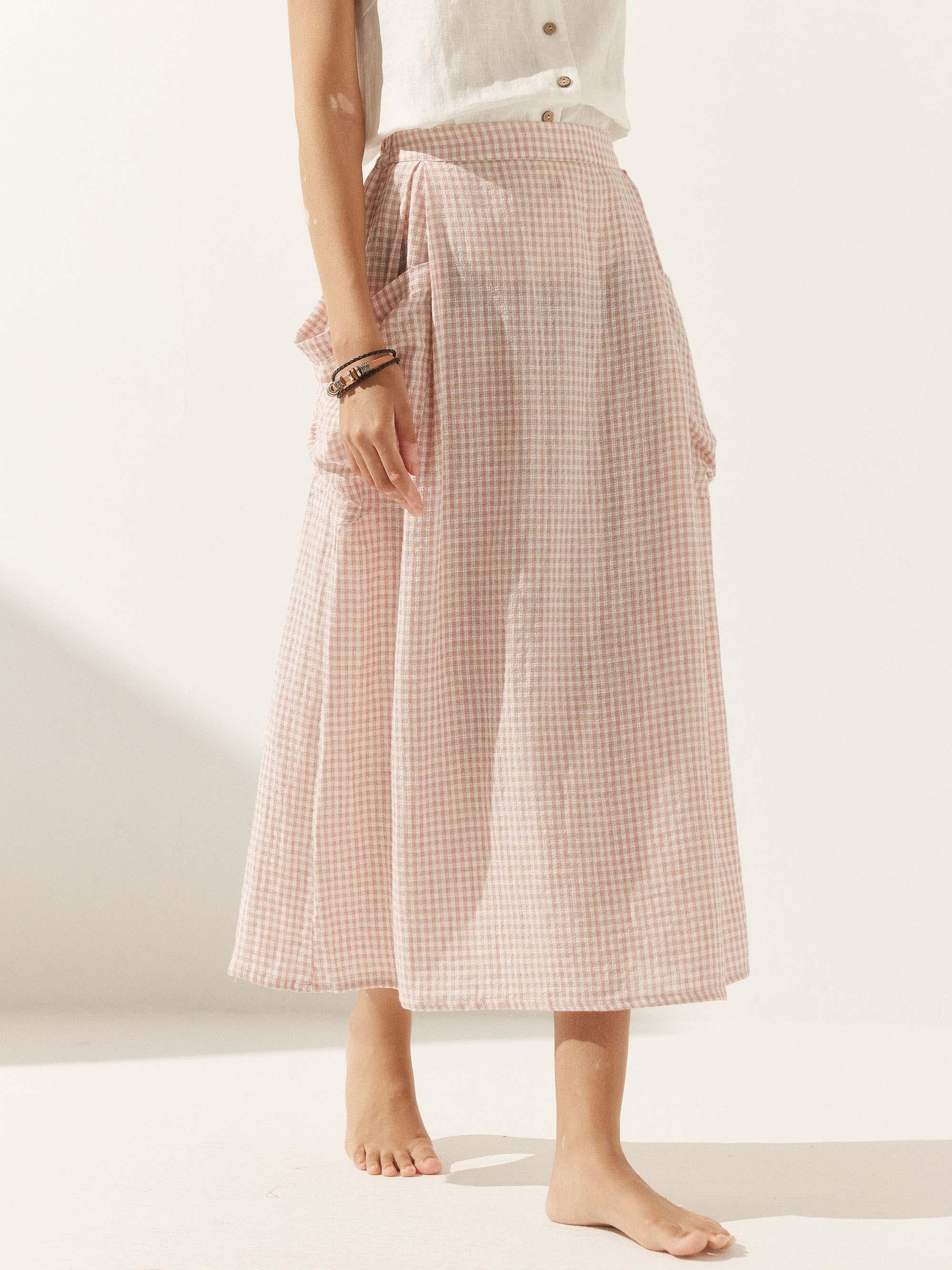 Linen Checked Elastic Waist Skirt - bottoms
