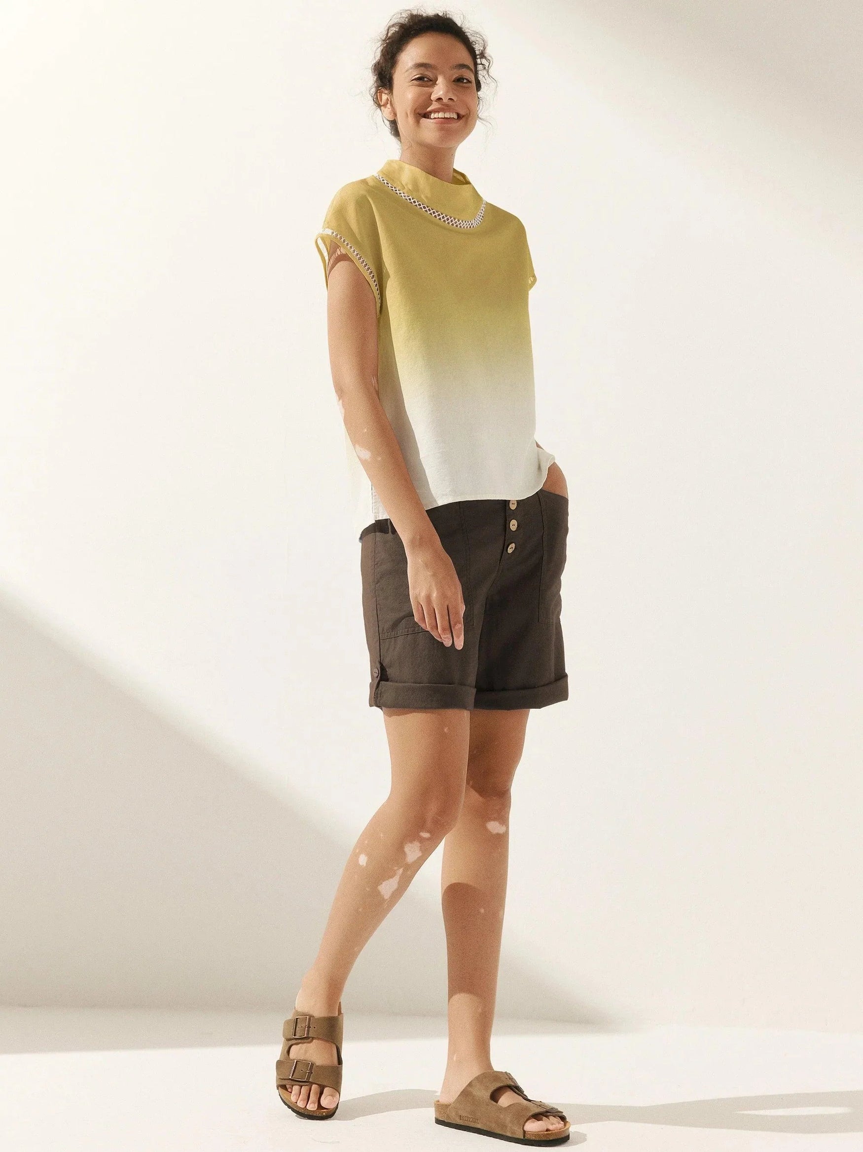 100% Linen Gingham Checked Cutout Turtleneck Top - TOPS-Linen Blouses