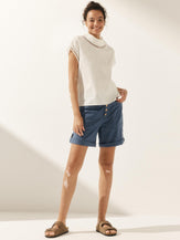 100% Linen Gingham Checked Cutout Turtleneck Top - TOPS-Linen Blouses