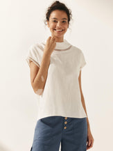 100% Linen Gingham Checked Cutout Turtleneck Top - TOPS-Linen Blouses
