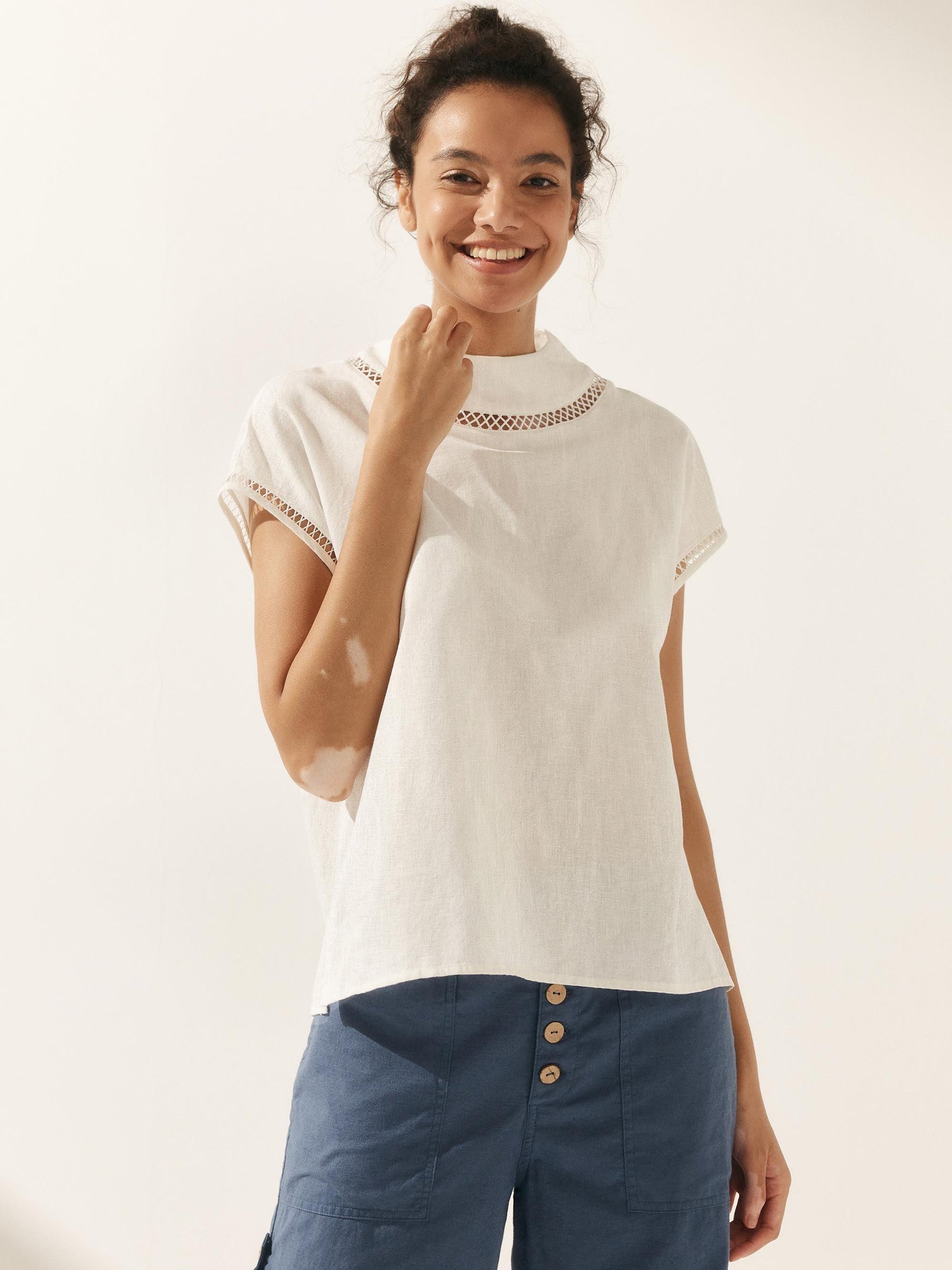 100% Linen Gingham Checked Cutout Turtleneck Top - TOPS-Linen Blouses