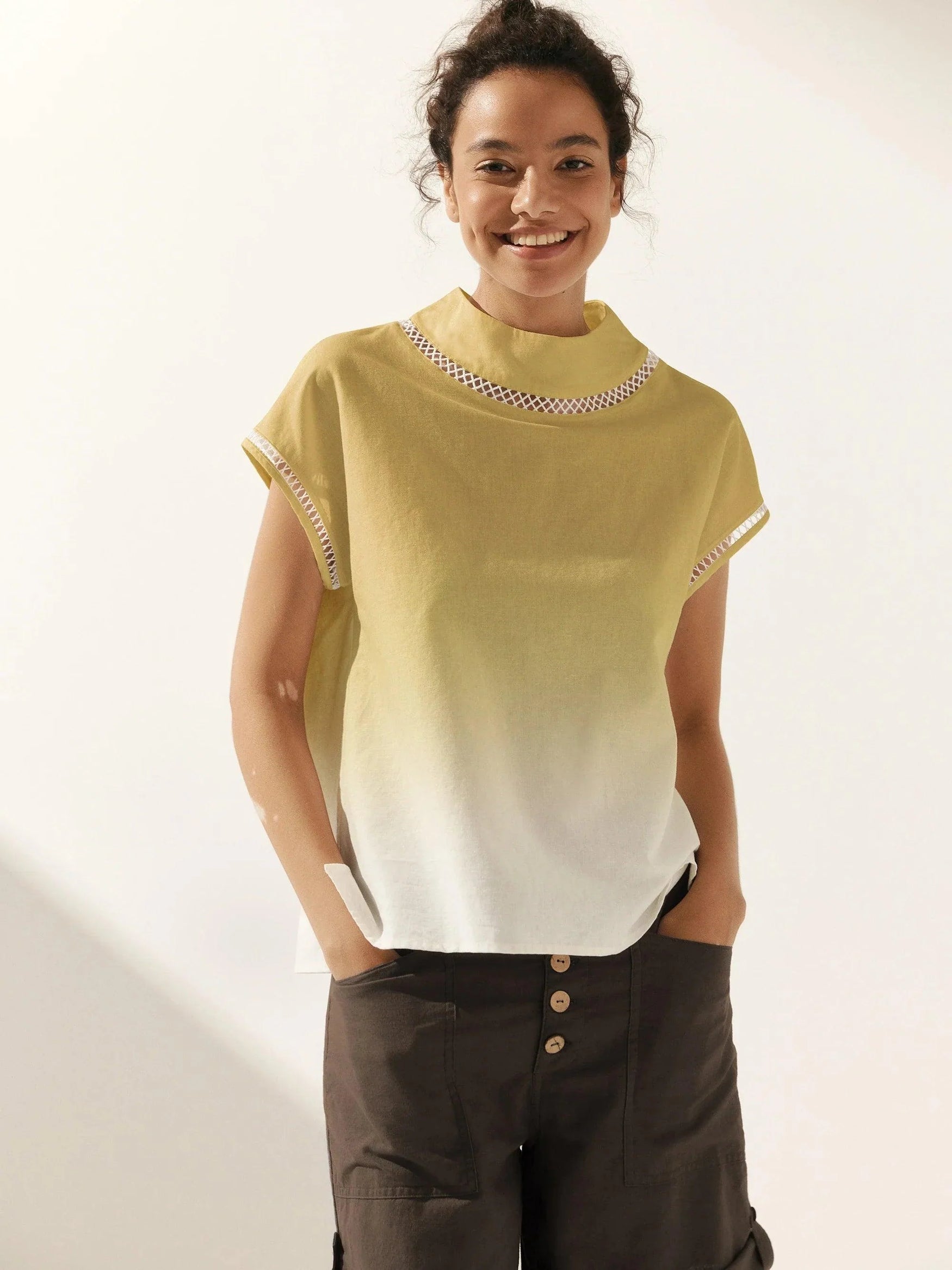 100% Linen Gingham Checked Cutout Turtleneck Top - TOPS-Linen Blouses