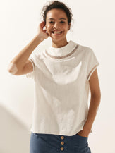 100% Linen Gingham Checked Cutout Turtleneck Top - Optic White / XS - TOPS-Linen Blouses