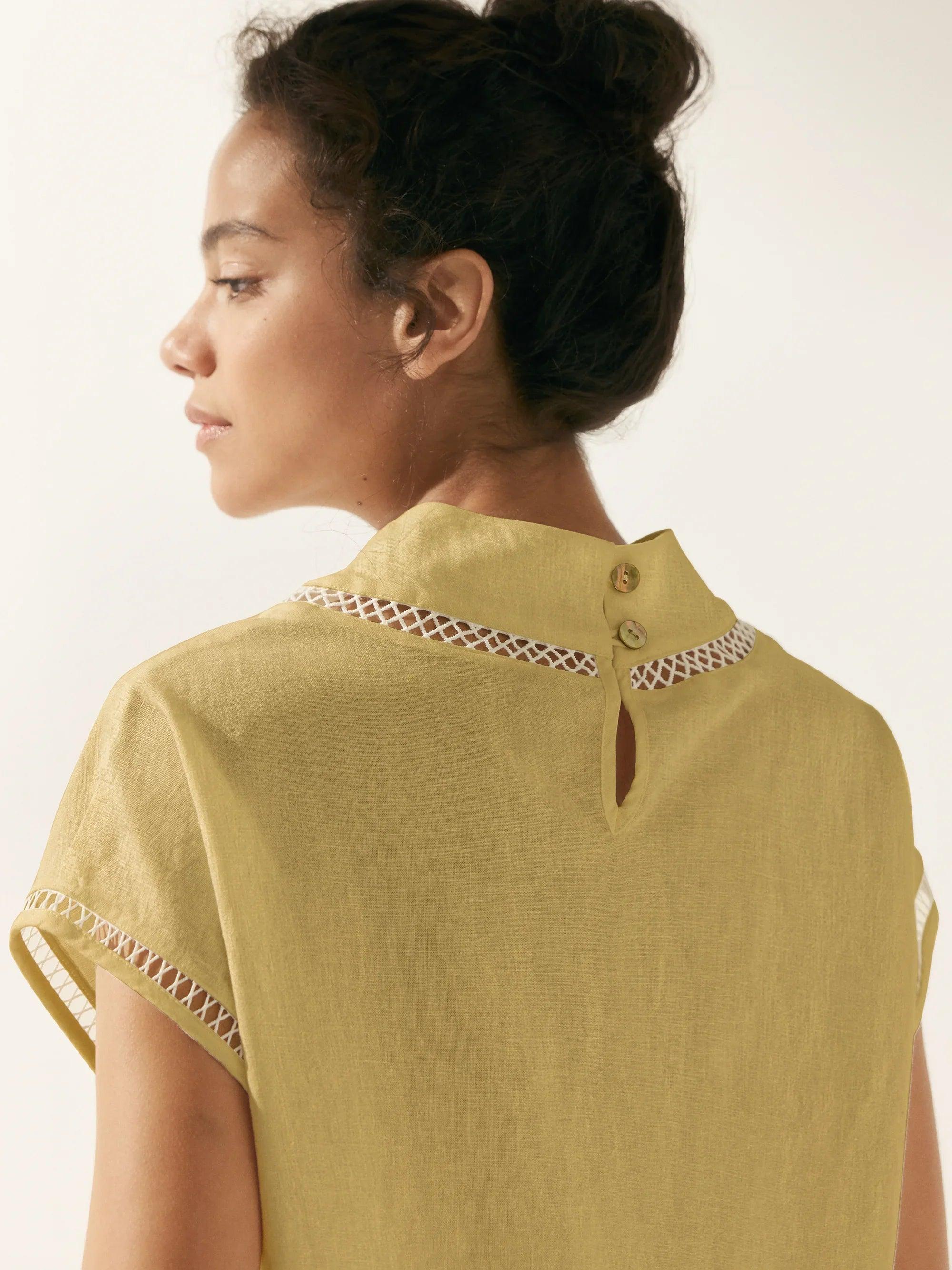 Linen Cutout Turtleneck Top - TOPS-Linen Blouses