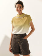 Linen Cutout Turtleneck Top - Sunset Yellow / XS - TOPS-Linen Blouses