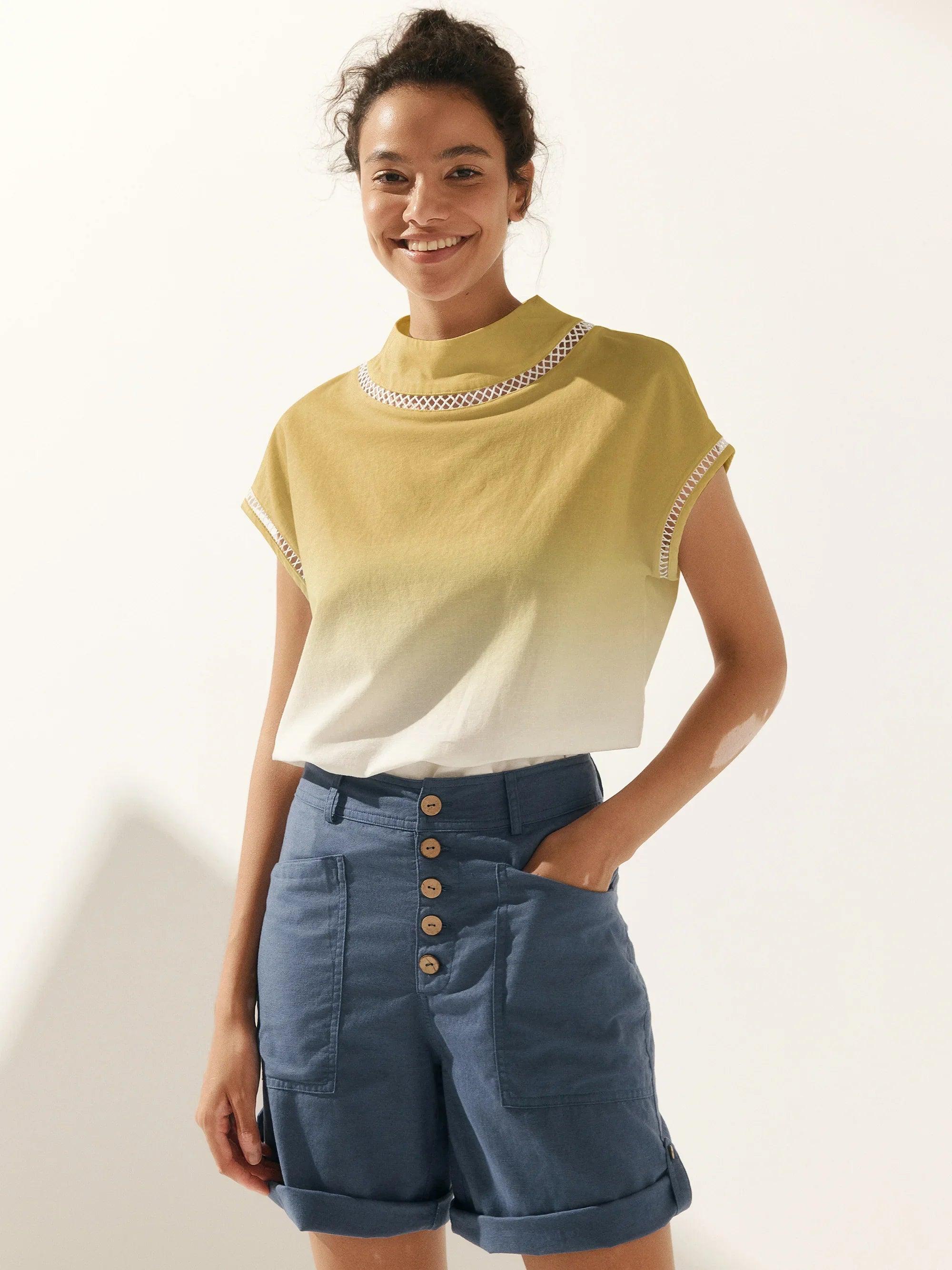 Linen Cutout Turtleneck Top - TOPS-Linen Blouses