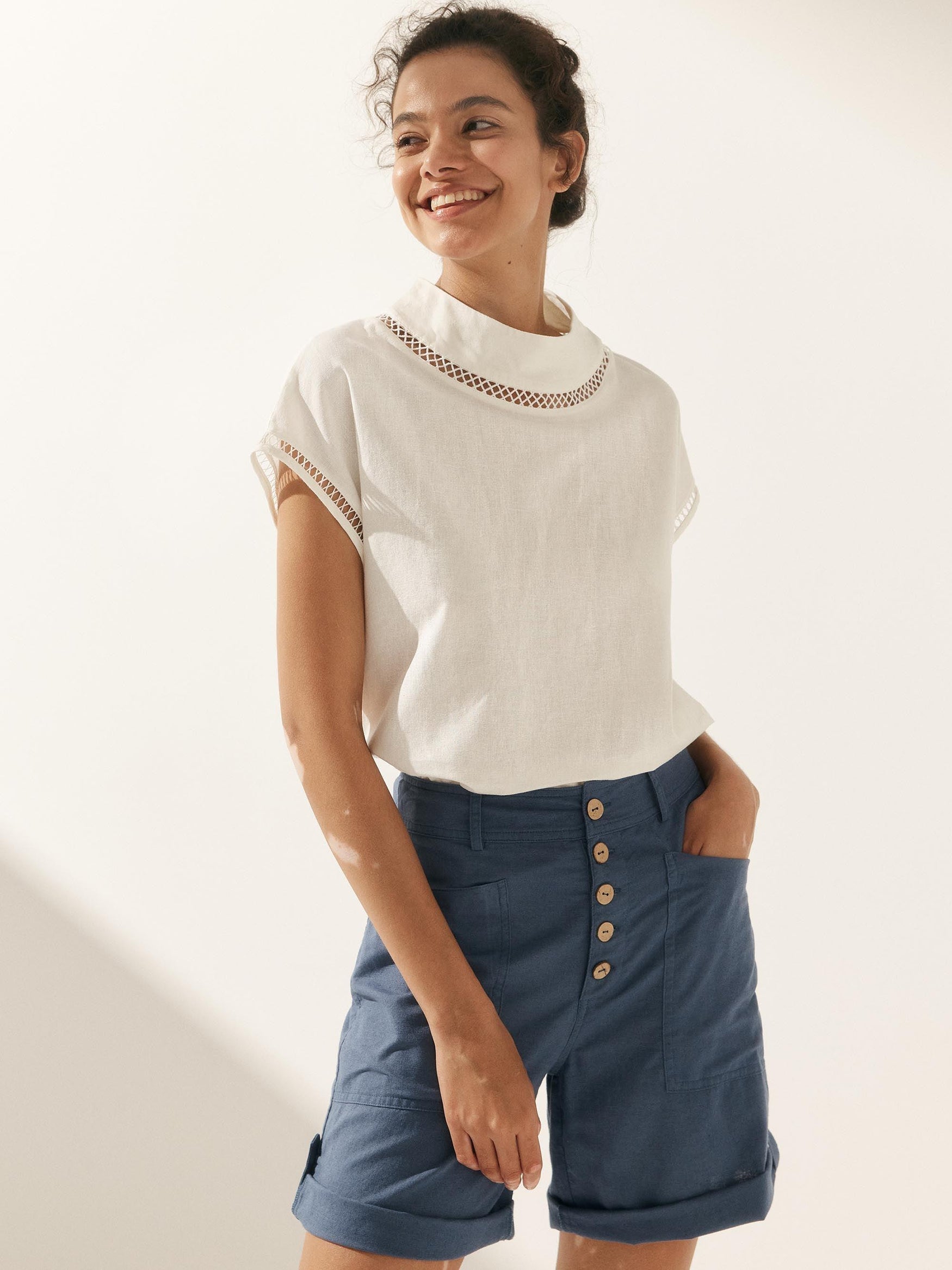 100% Linen Gingham Checked Cutout Turtleneck Top - TOPS-Linen Blouses