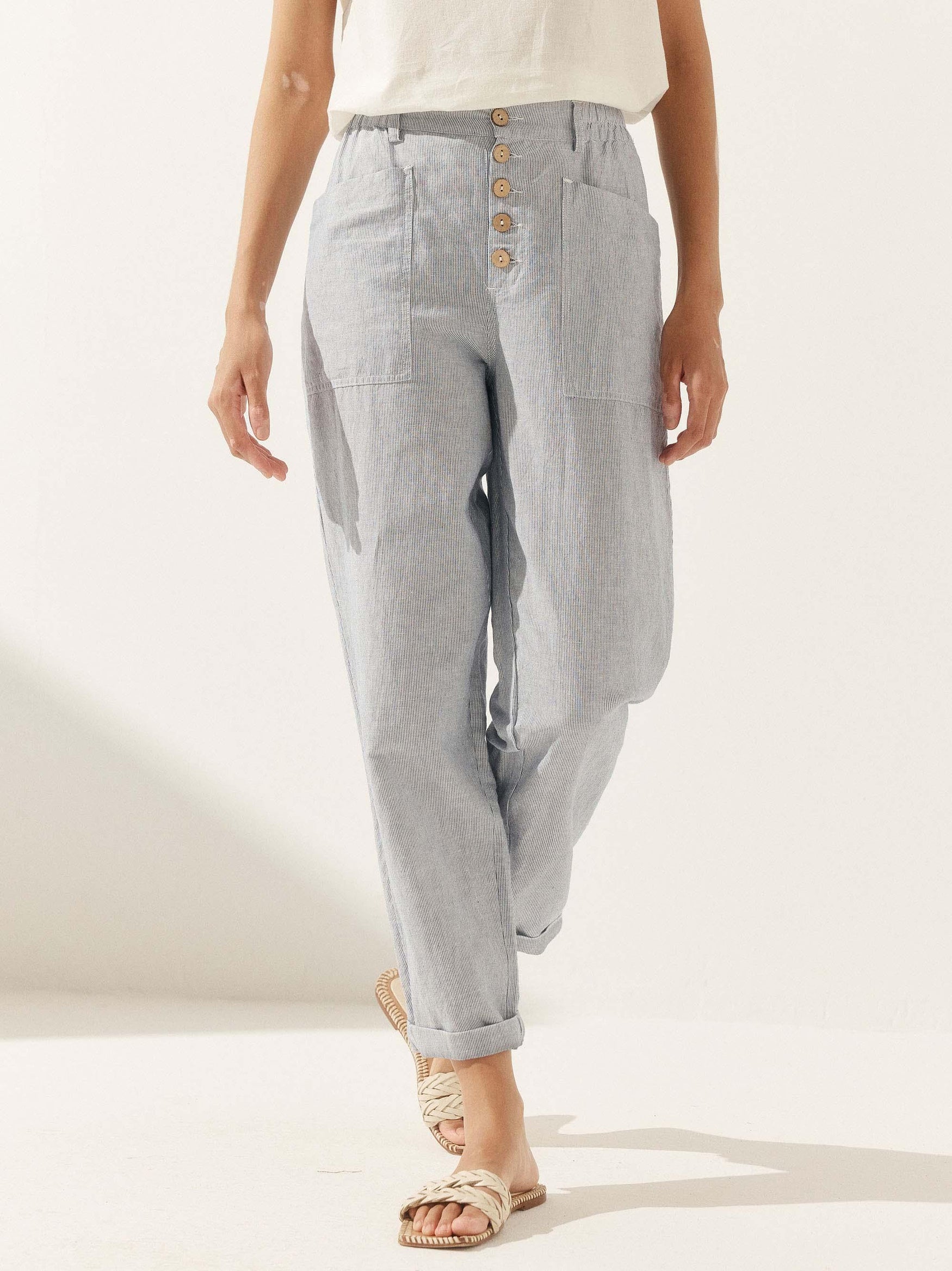 Linen Simple Button Fly Trousers HEIDI - BOTTOMS-Linen Pants