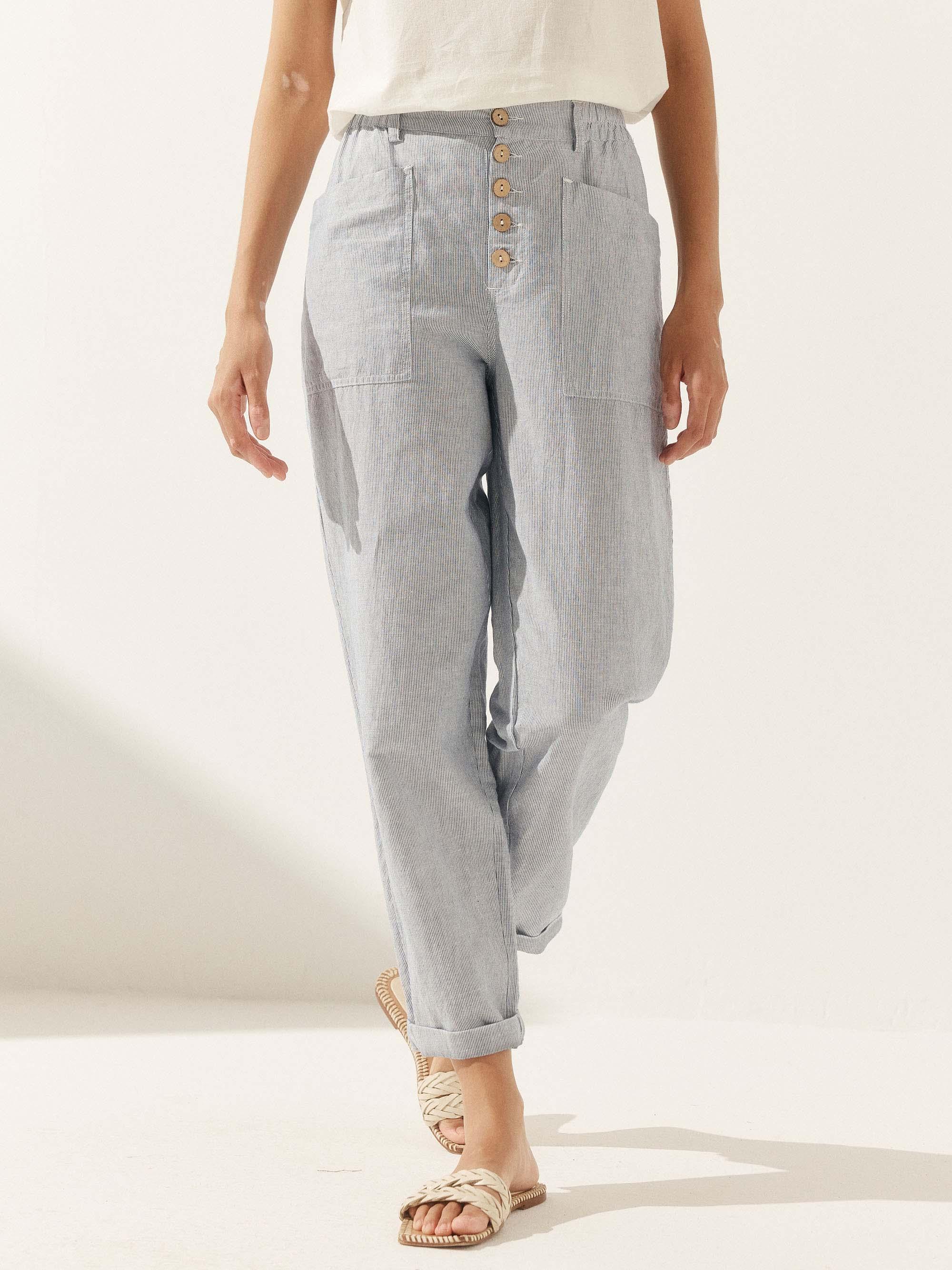 HEIDI Linen Simple Button Fly Trousers - Denim Pinstripe / XS - BOTTOMS-Linen Pants