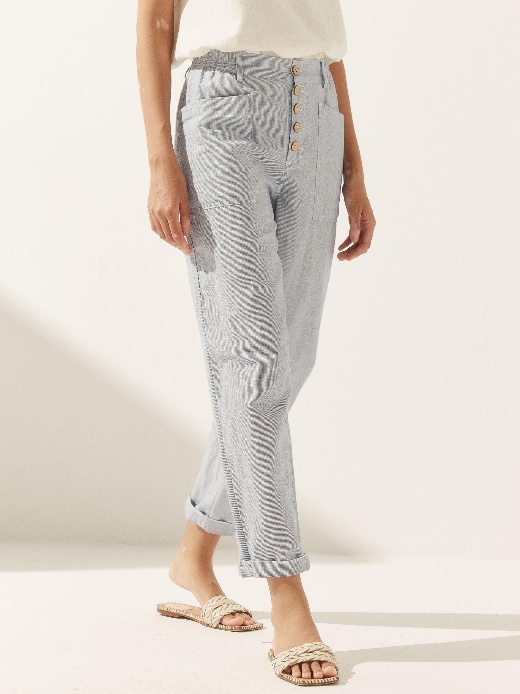 Linen Simple Button Fly Trousers HEIDI - BOTTOMS-Linen Pants