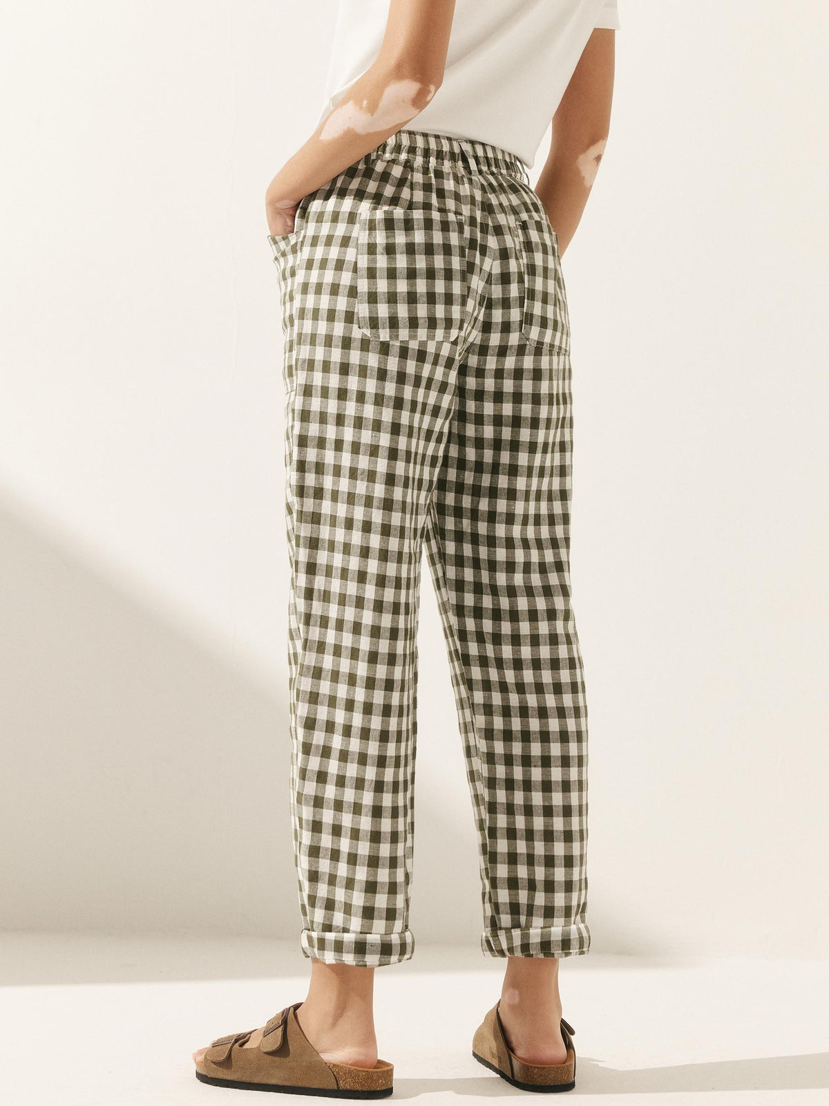 Linen Simple Checked Button Fly Trousers - BOTTOMS-Linen Pants