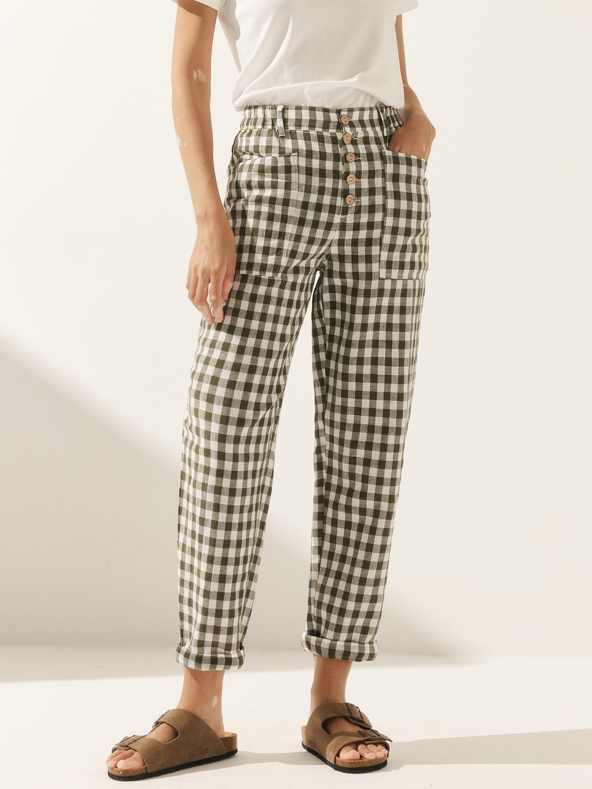 Linen Simple Checked Button Fly Trousers - Teal Check / XS - BOTTOMS-Linen Pants