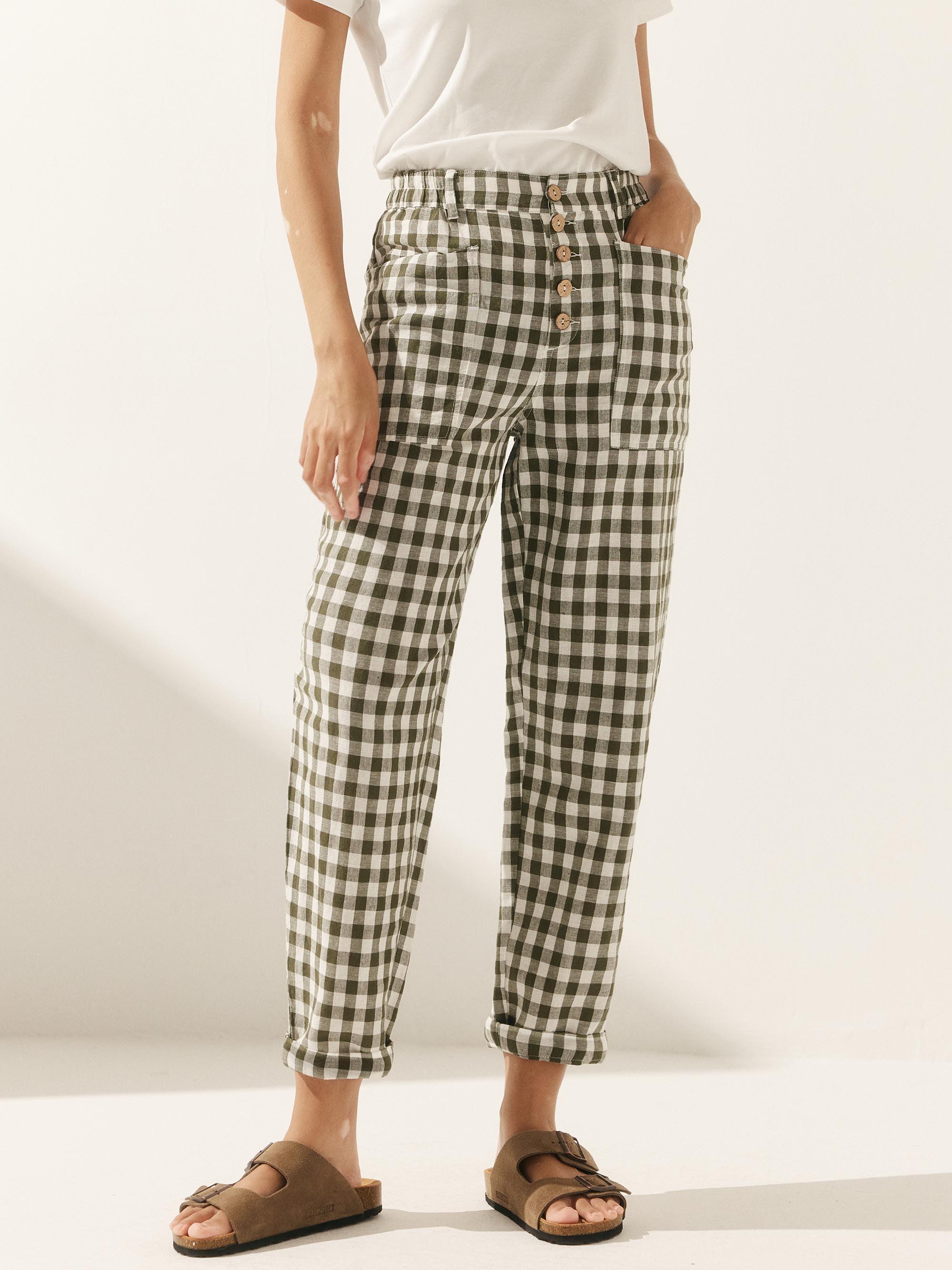 HEIDI Linen Simple Button Fly Trousers - Teal Check / XS - BOTTOMS-Linen Pants