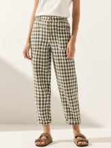 Linen Simple Checked Button Fly Trousers - BOTTOMS-Linen Pants