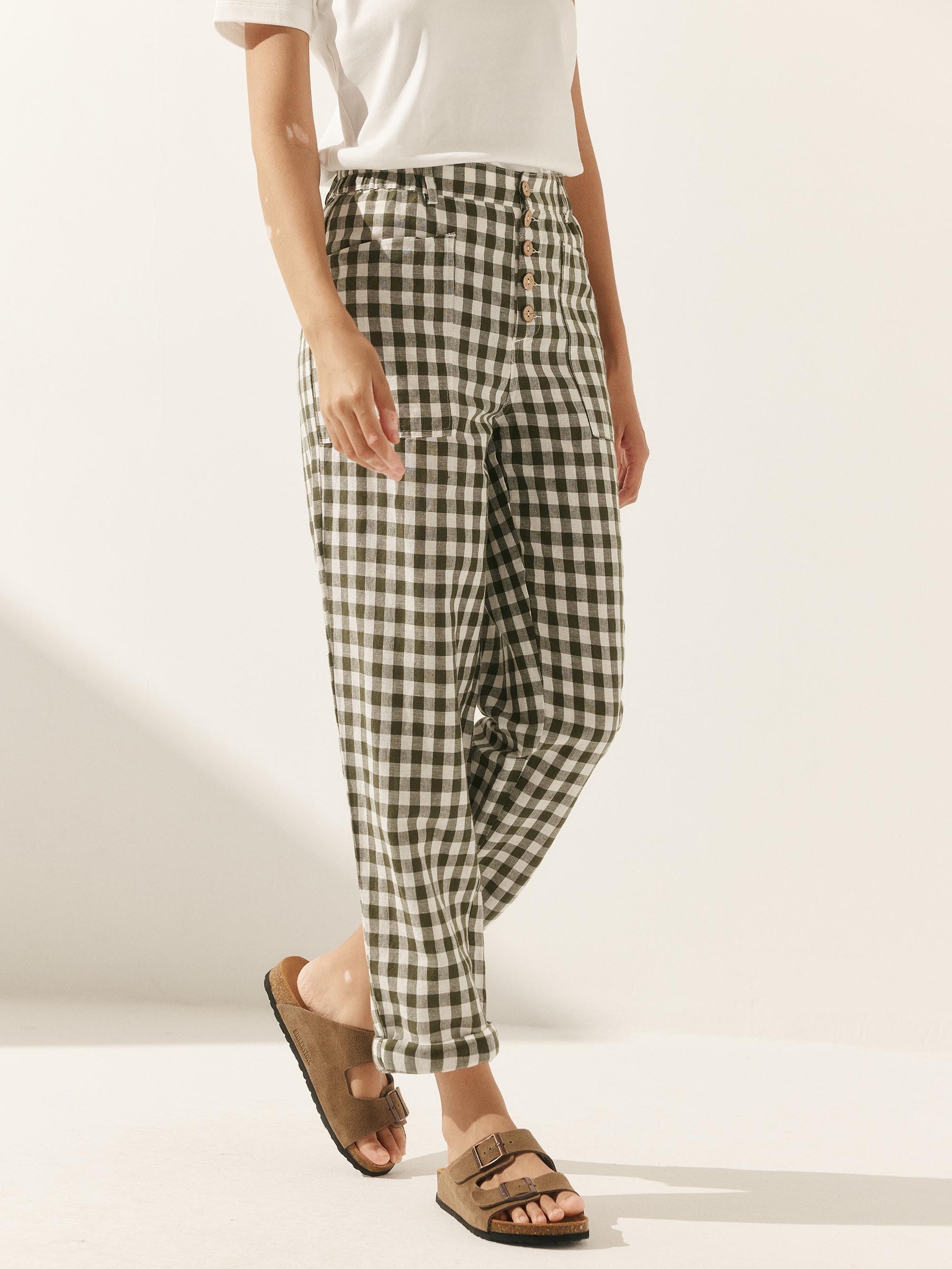 Linen Simple Checked Button Fly Trousers - BOTTOMS-Linen Pants