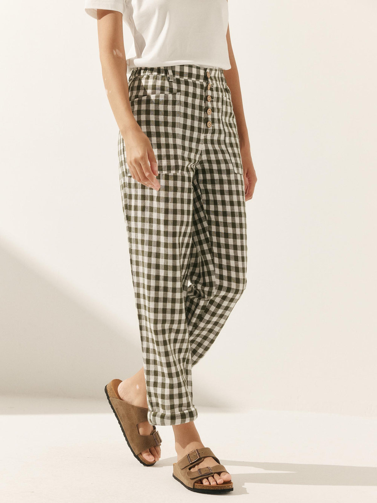 Linen Simple Checked Button Fly Trousers - BOTTOMS-Linen Pants