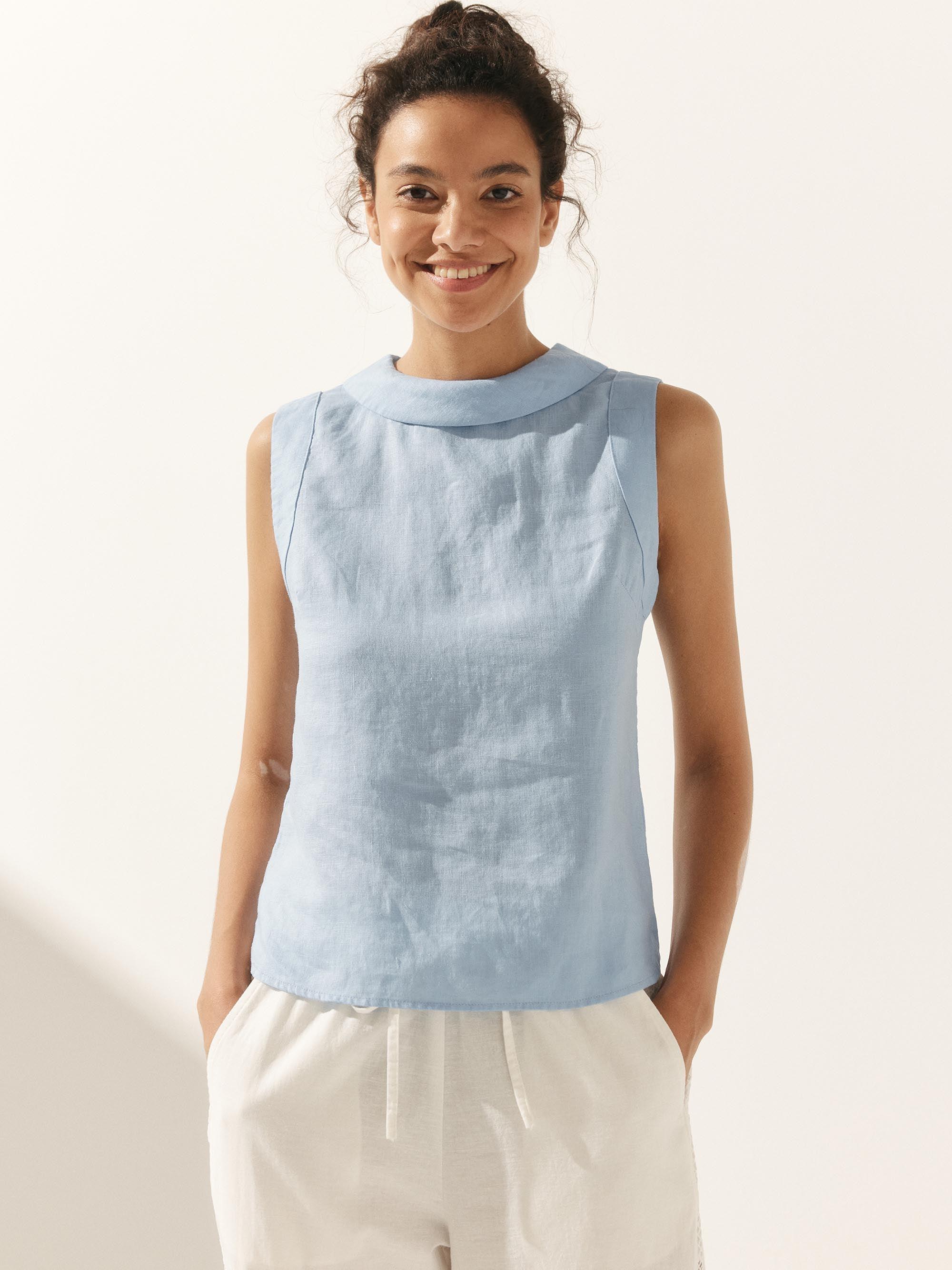 100% Linen Draped Collar Tank Top - Ice Blue / S - TOPS-Linen Tanks