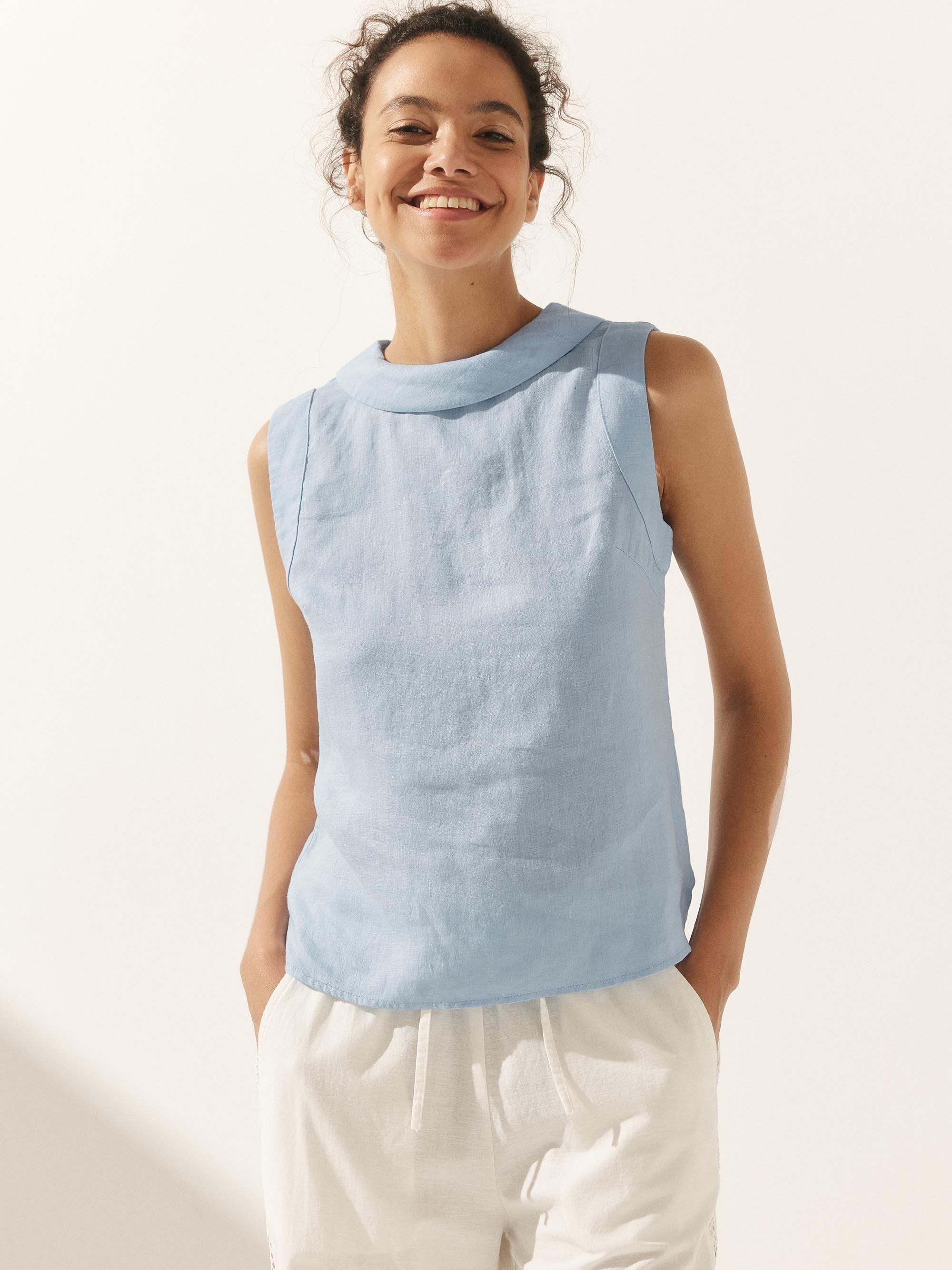 100% Linen Draped Collar Tank Top - TOPS-Linen Tanks