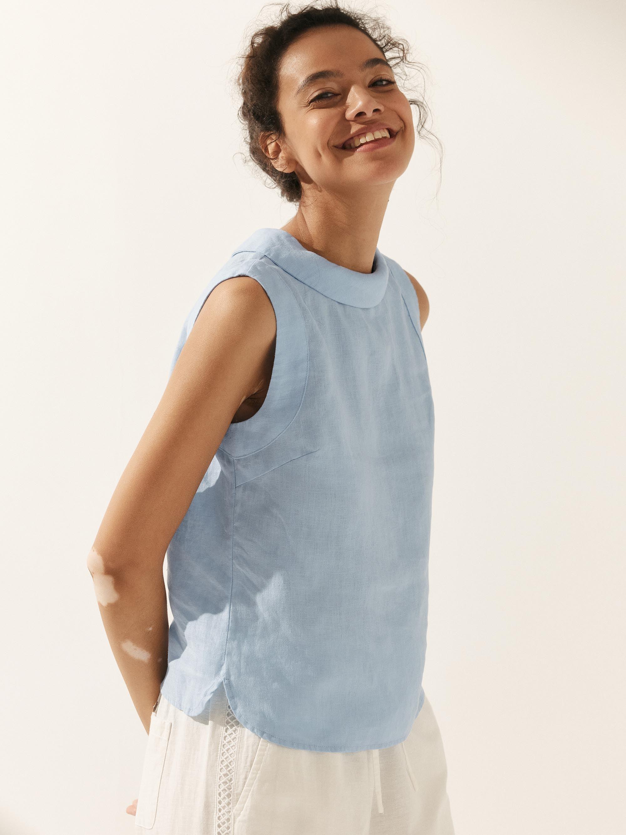 100% Linen Draped Collar Tank Top - TOPS-Linen Tanks