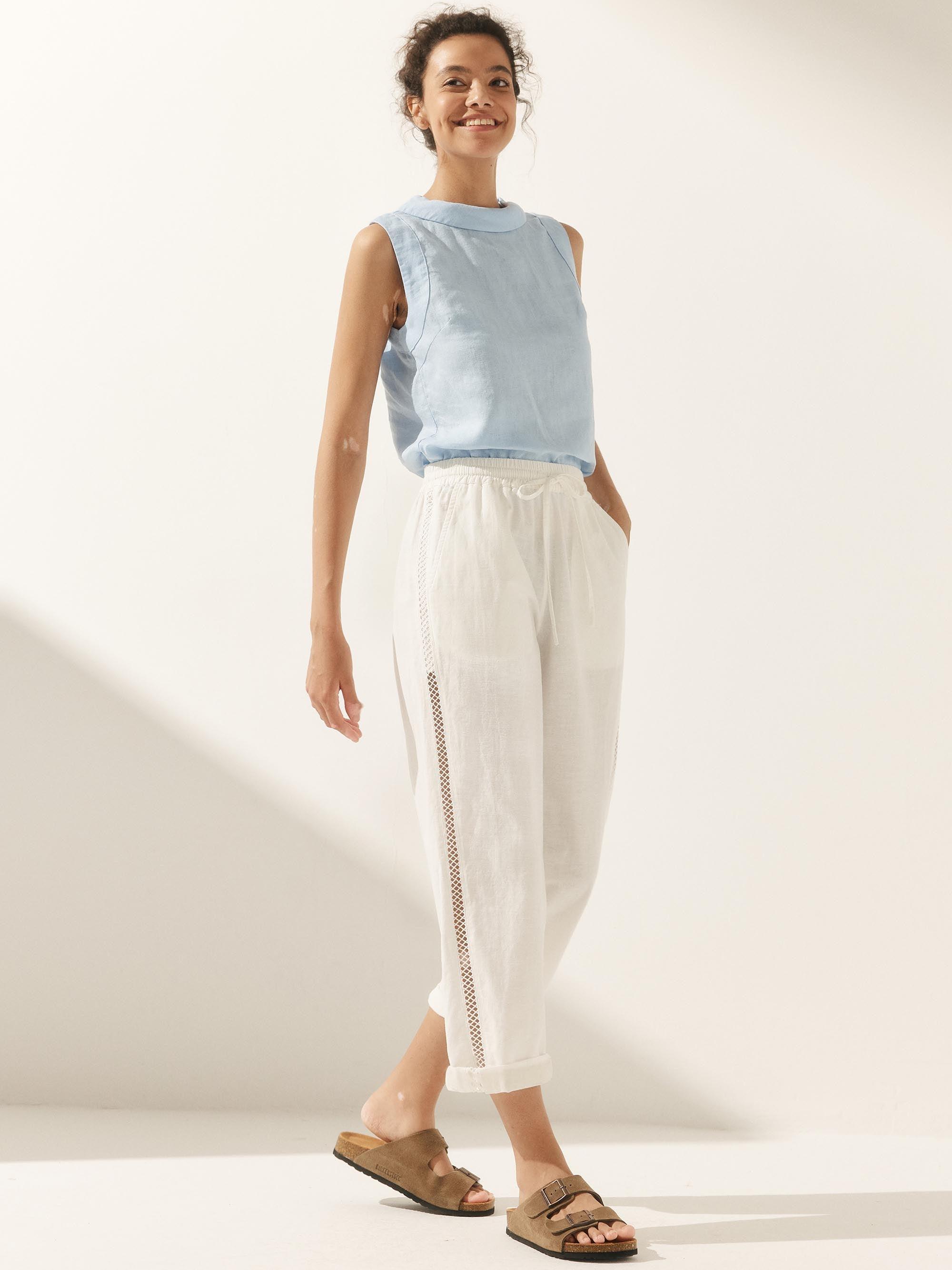 Linen Cropped Hollow Lace Stitching Ankle Length Pants - BOTTOMS-Linen
