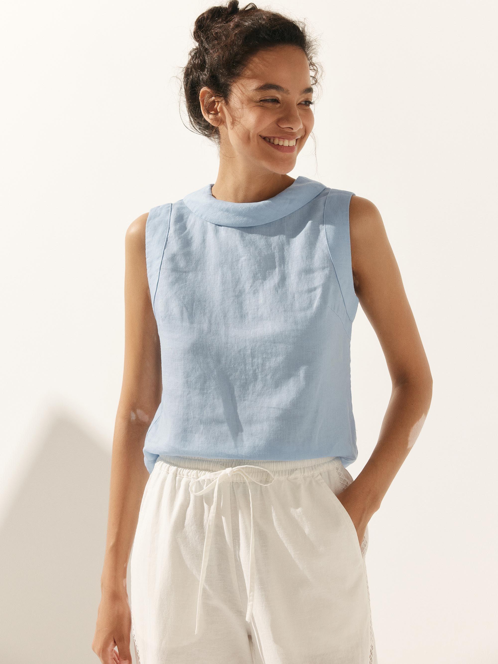 100% Linen Draped Collar Tank Top - TOPS-Linen Tanks