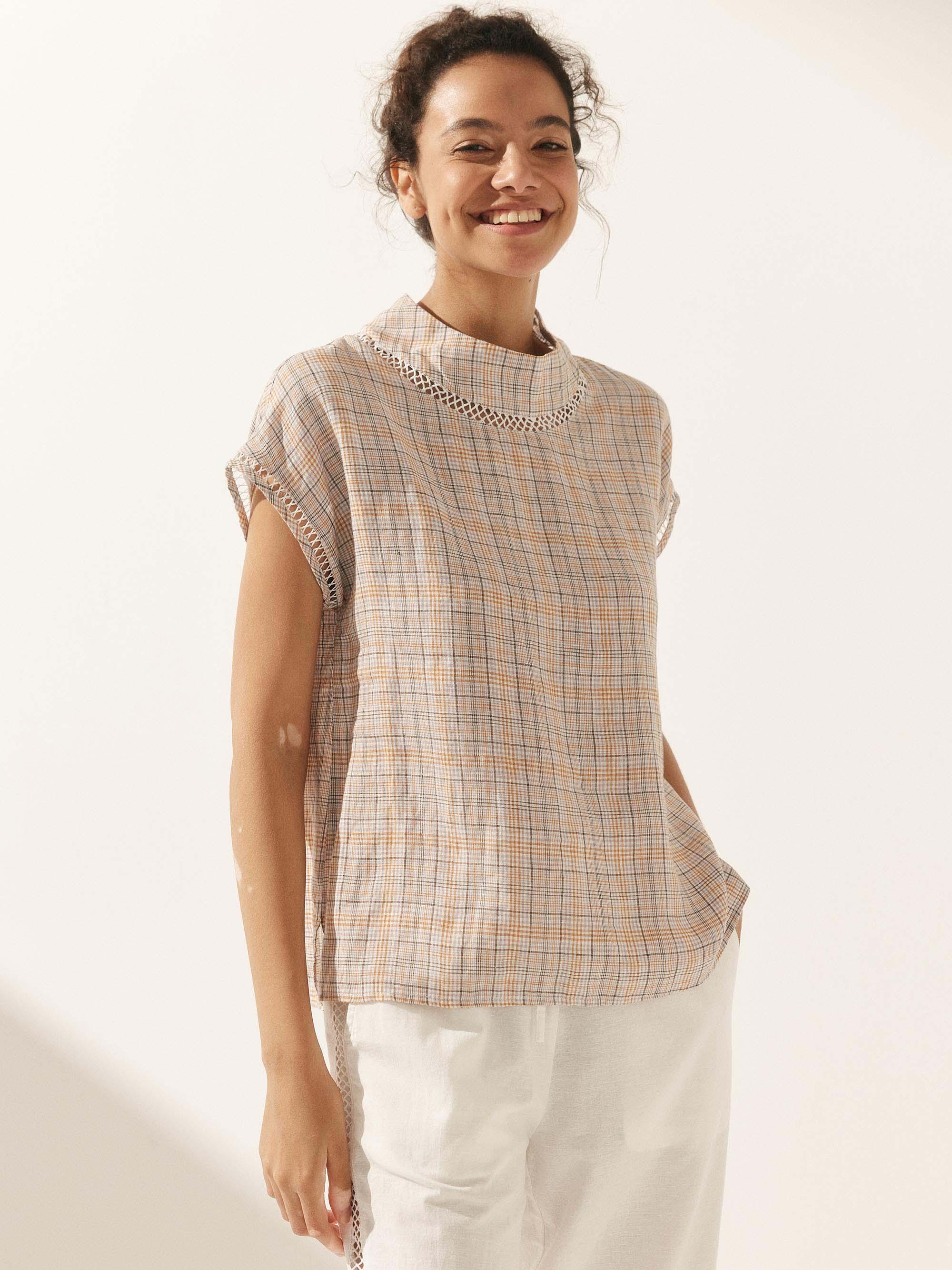 100% Linen Gingham Checked Cutout Turtleneck Top - TOPS-Linen Blouses