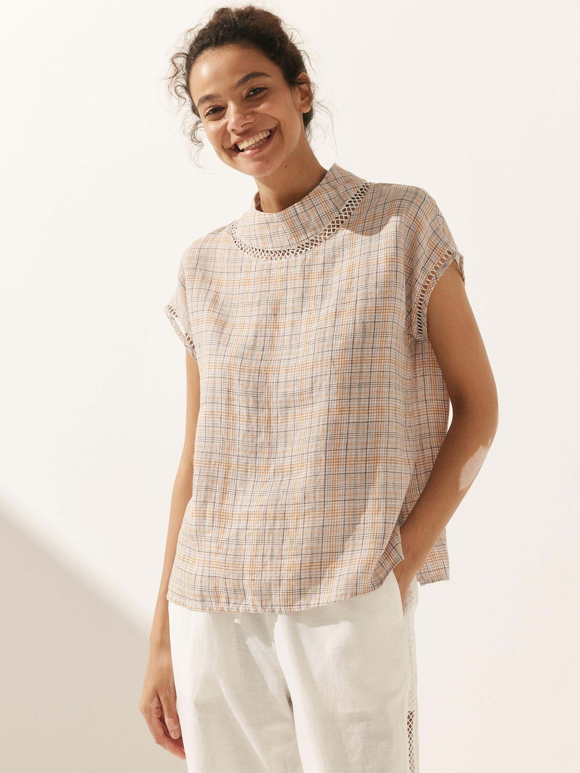 100% Linen Gingham Checked Cutout Turtleneck Top - TOPS-Linen Blouses