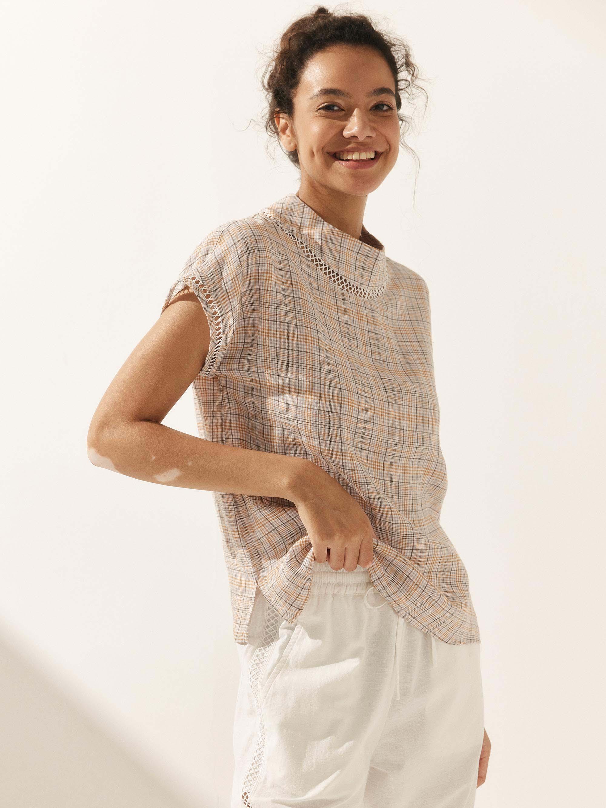 100% Linen Gingham Checked Cutout Turtleneck Top - TOPS-Linen Blouses