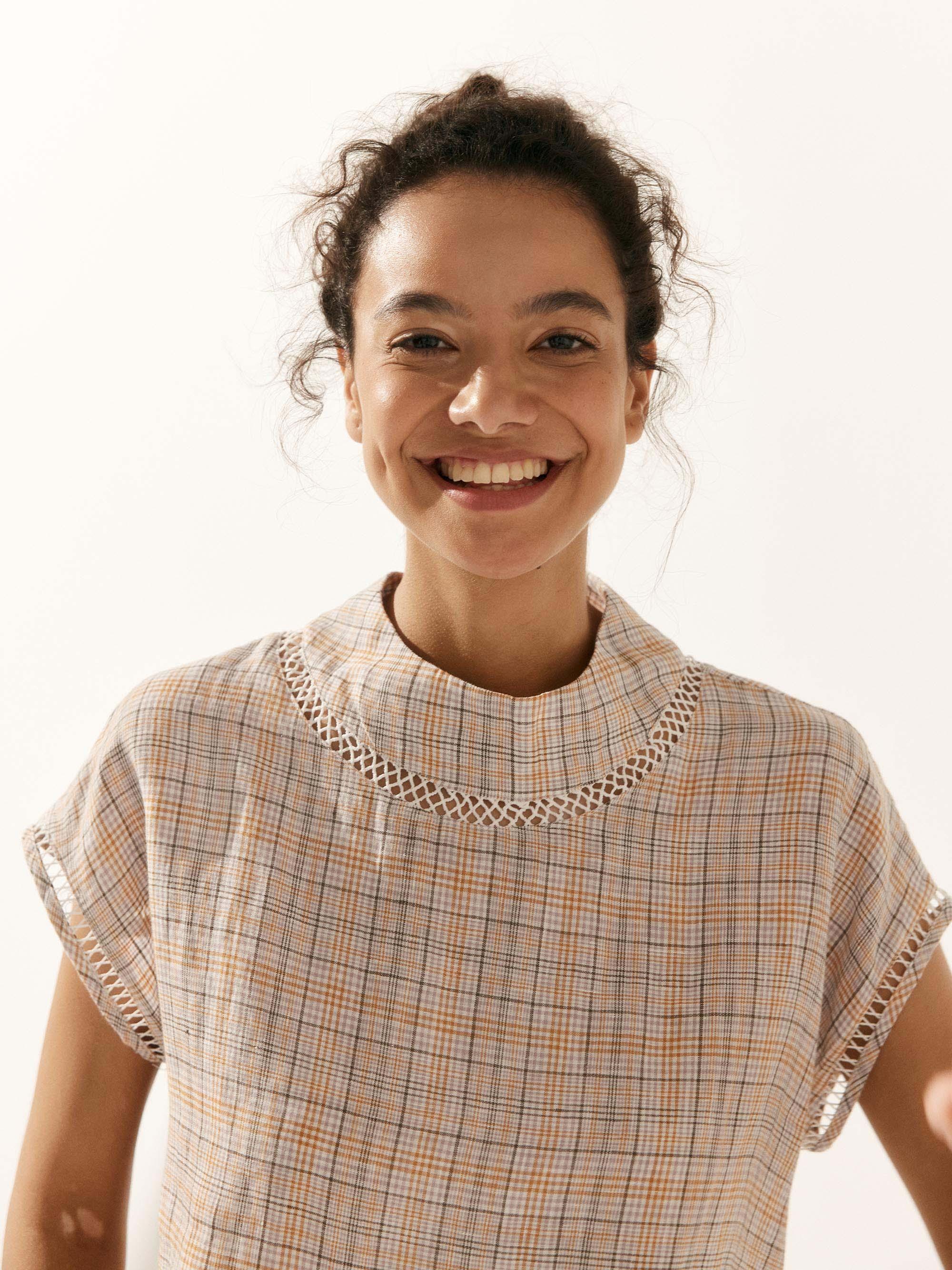 100% Linen Gingham Checked Cutout Turtleneck Top - TOPS-Linen Blouses